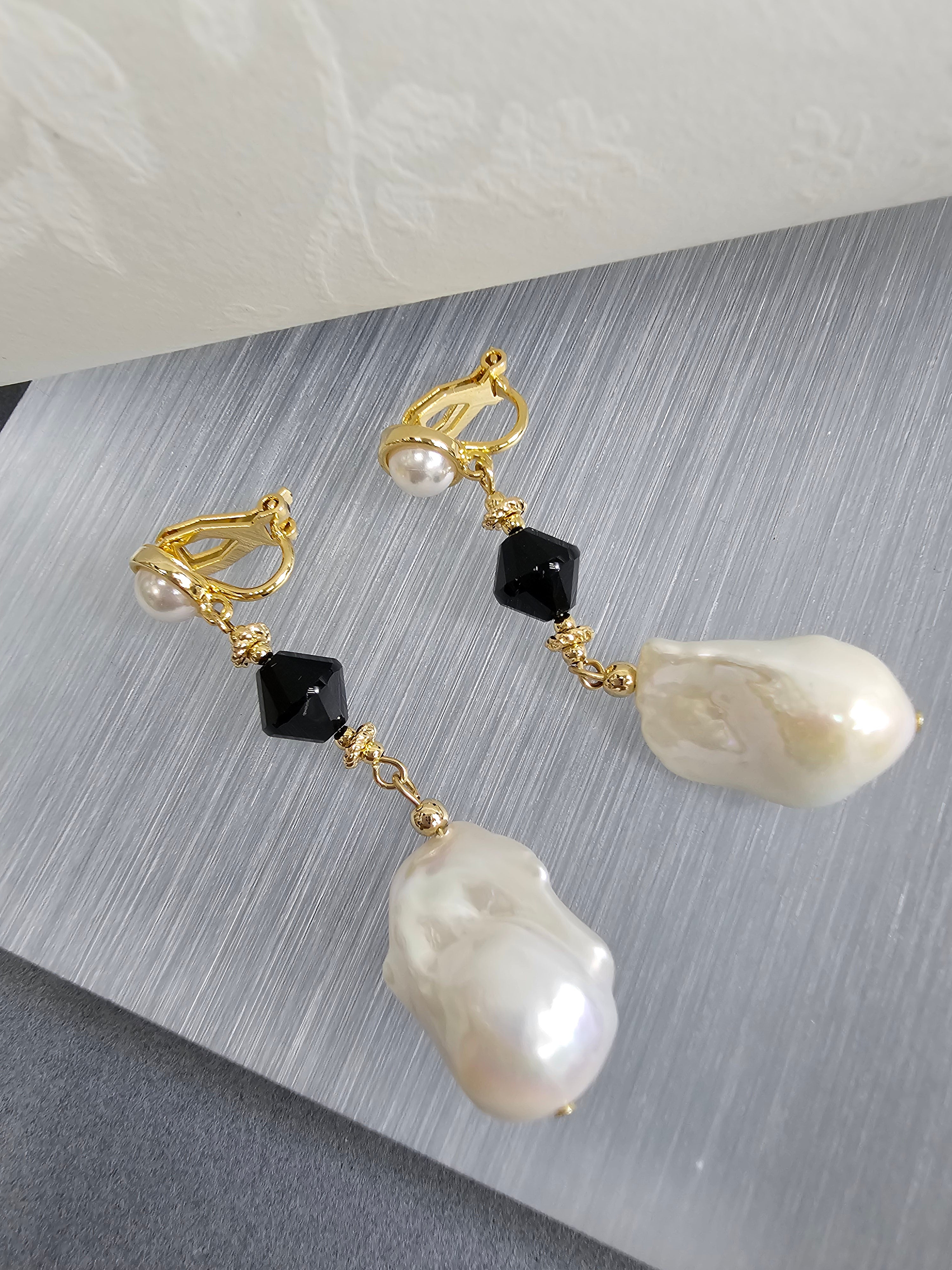 Baroque Pearls with Black Obsidian Clip-On Earrings NE007 | Vintage Style Dangle Earrings for Women | Perfect for Weddings, Parties & Evening Events