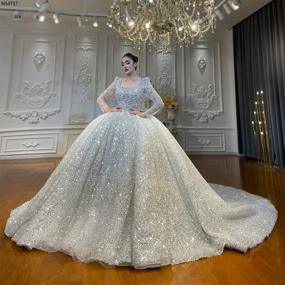 Elegant Square Neckline Long Sleeve Sparkly Ball Gown Wedding Dress for Bride - Perfect for Church Ceremony, Formal Reception & Winter Weddings