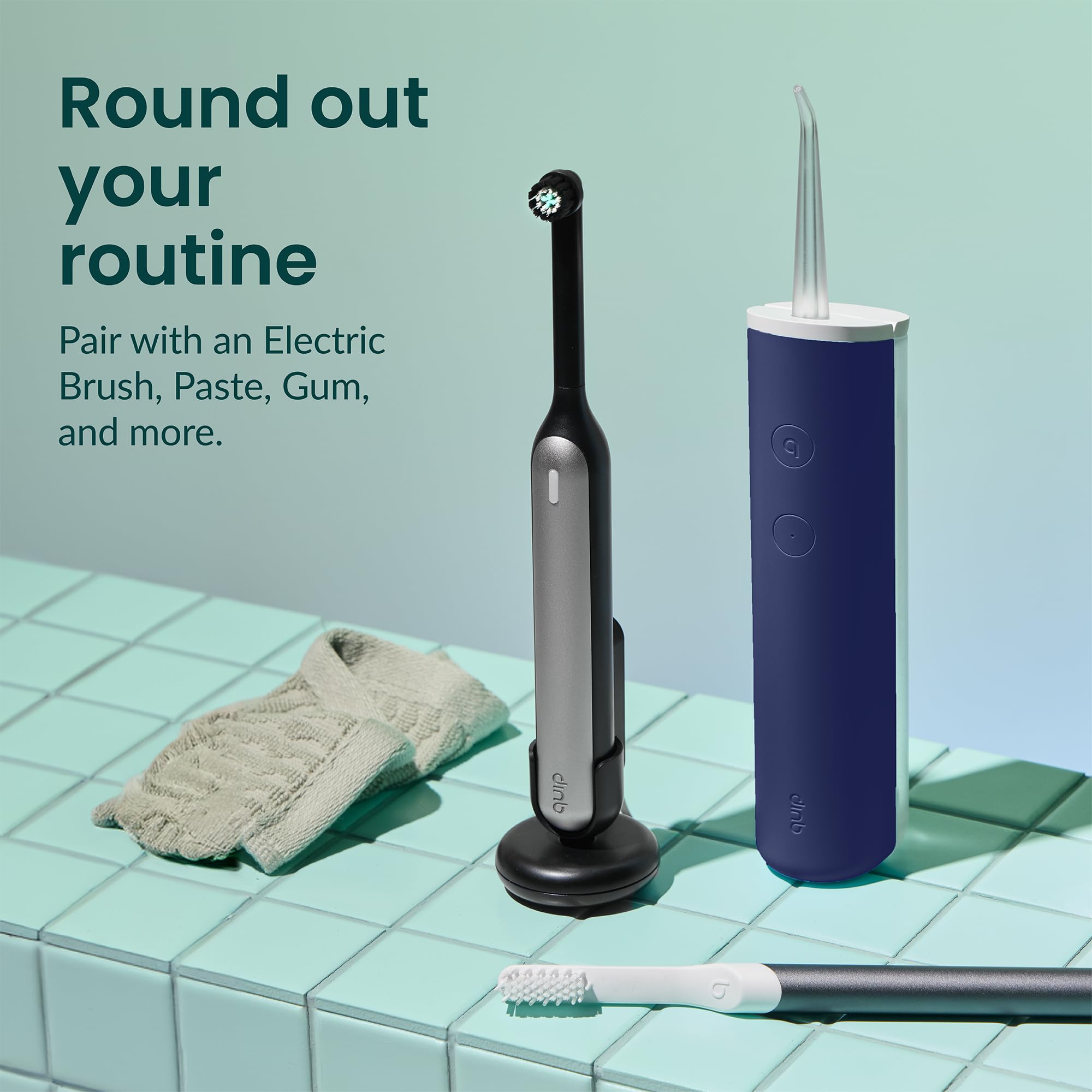 Quip Cordless Water Flosser with Replacement Tips - Adjustable Pressure Teeth Cleaner, 360° Rotating Nozzle - Rechargeable Dental Water Flosser in Midnight Blue for Home & Travel Oral Care