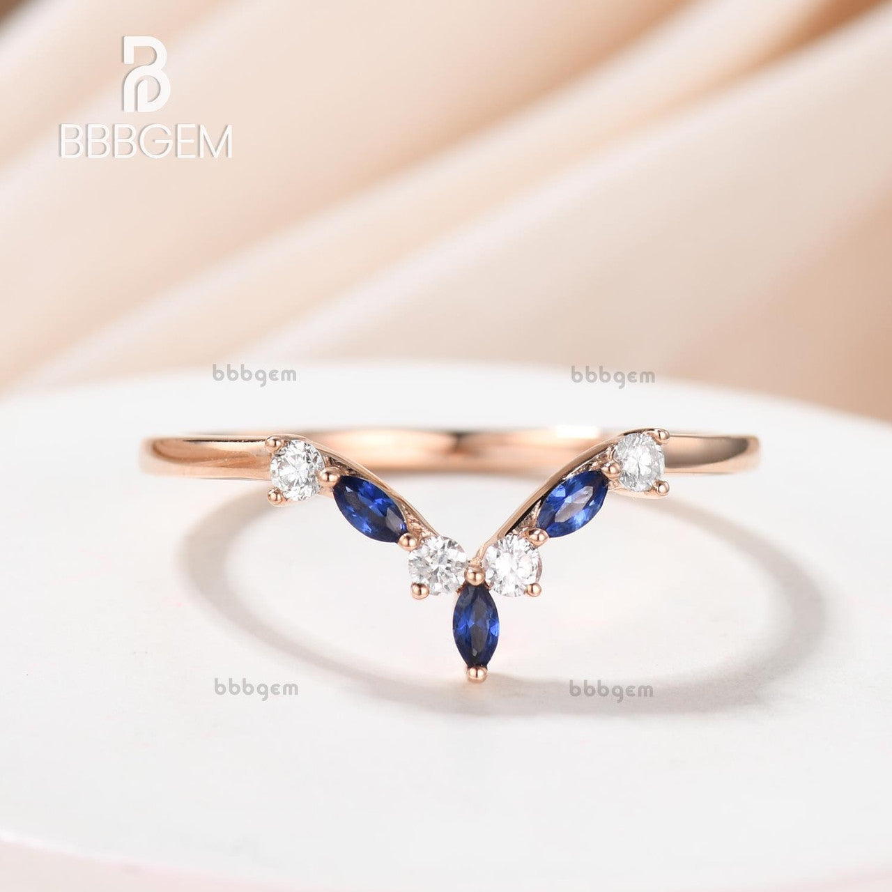 Rose Gold Diamond Sapphire Wedding Band - Curved V-Shaped Matching Ring Set for Women | Elegant Bridal Jewelry for Engagement, Anniversary & Special Occasions