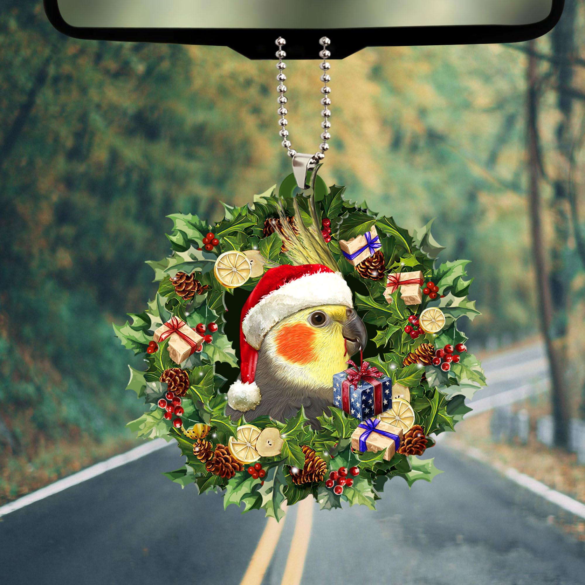 Talataca Cockatiel Christmas Hat Wreath - 2D Flat Car Mirror Hanging Charm & Tree Ornament - Cute Bird Decor for Rearview Mirror, Christmas Tree, Home & Gift Giving