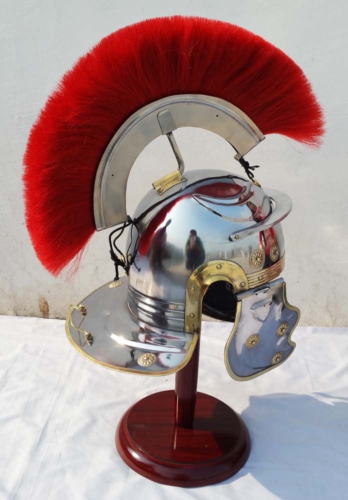 Shiv Shakti Enterprises Roman Centurion Helmet - Medieval Brass Accented Officer Helmet with Red Plume | Costume, Reenactment, Theater & Historical Display