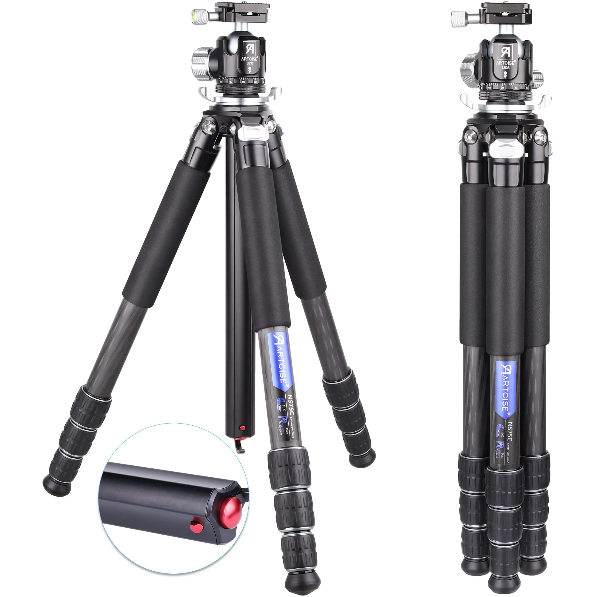 ARTCISE NS75C Professional Carbon Fiber Camera Tripod - 36mm Low Profile Ball Head, Special-Shaped Center Column, 10-Layer Carbon Fiber Legs, 28mm Tube Diameter, 44lbs/20kg Max Load - Perfect for Travel, Landscape & Studio Photography