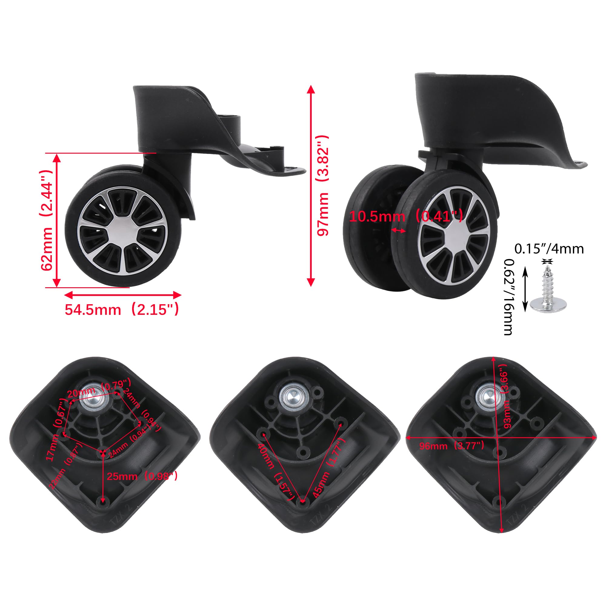 BQLZR 360 Degree Spinner Luggage Wheels - 3.82 Inches Replacement Suitcase Wheels for Travel (2-Pack, Black) - Perfect for Carry-Ons, Checked Bags & Rolling Suitcases