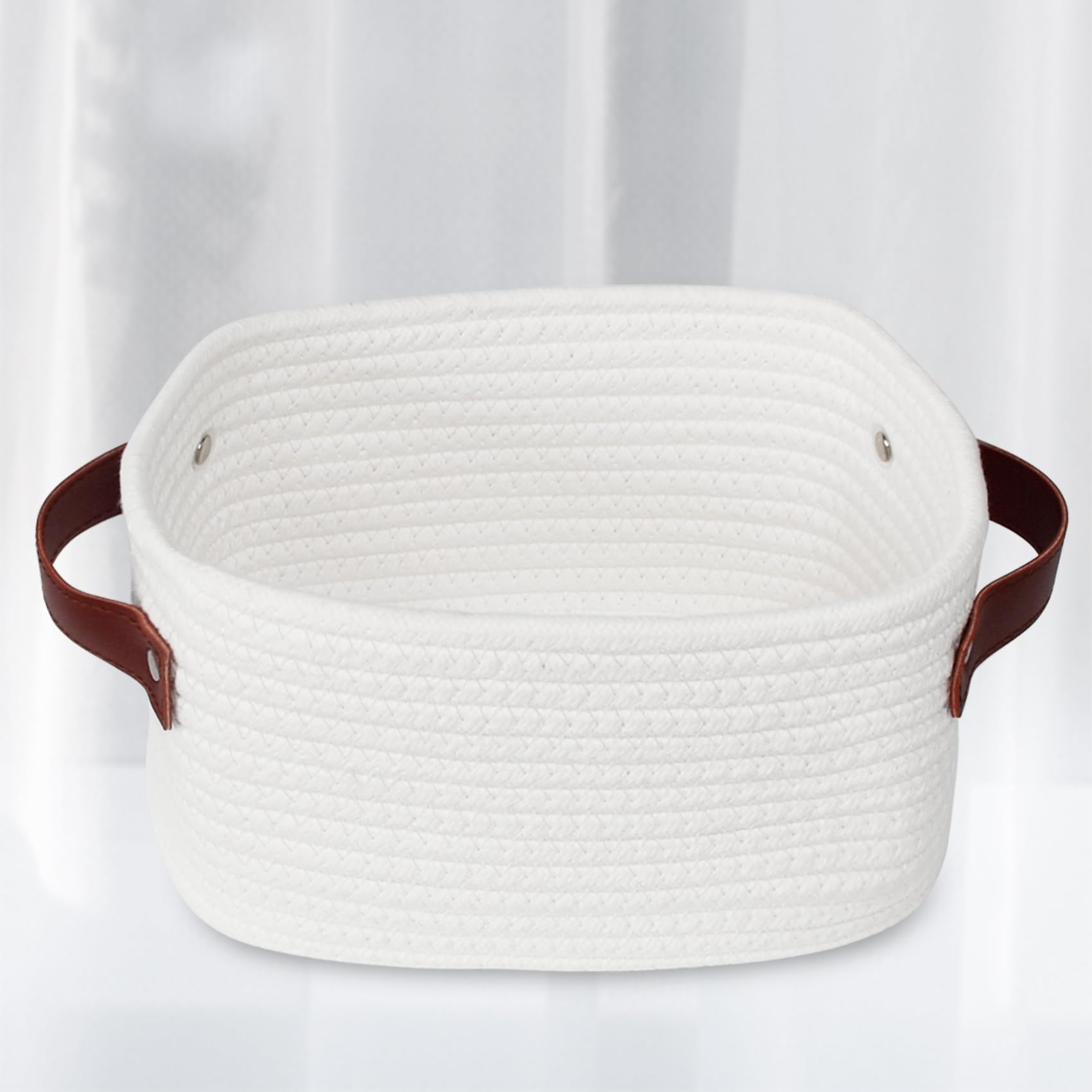 ABenkle Small Storage Basket with Handle - Mini Cotton Rope Woven Shelf Basket, Boho Decorative Organizer for Nursery, Bathroom, Spa | Perfect for Toys, Blankets & Gift Giving - XS Size in White