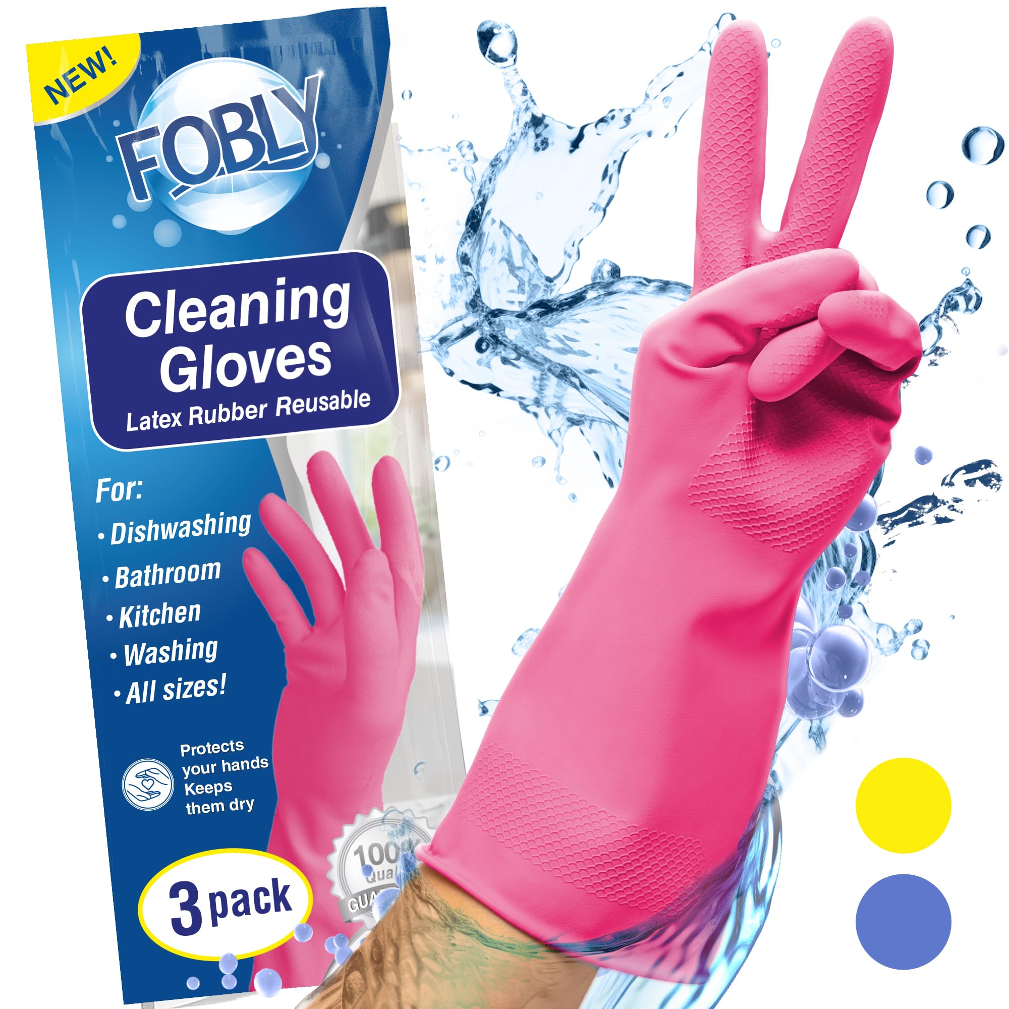 Reusable Rubber Cleaning Gloves for Dishwashing - Medium Size (3 Pairs) - Pink Kitchen Gloves for Washing Dishes, Cleaning & Household Chores - Perfect for Kitchen, Bathroom & Outdoor Cleaning Tasks