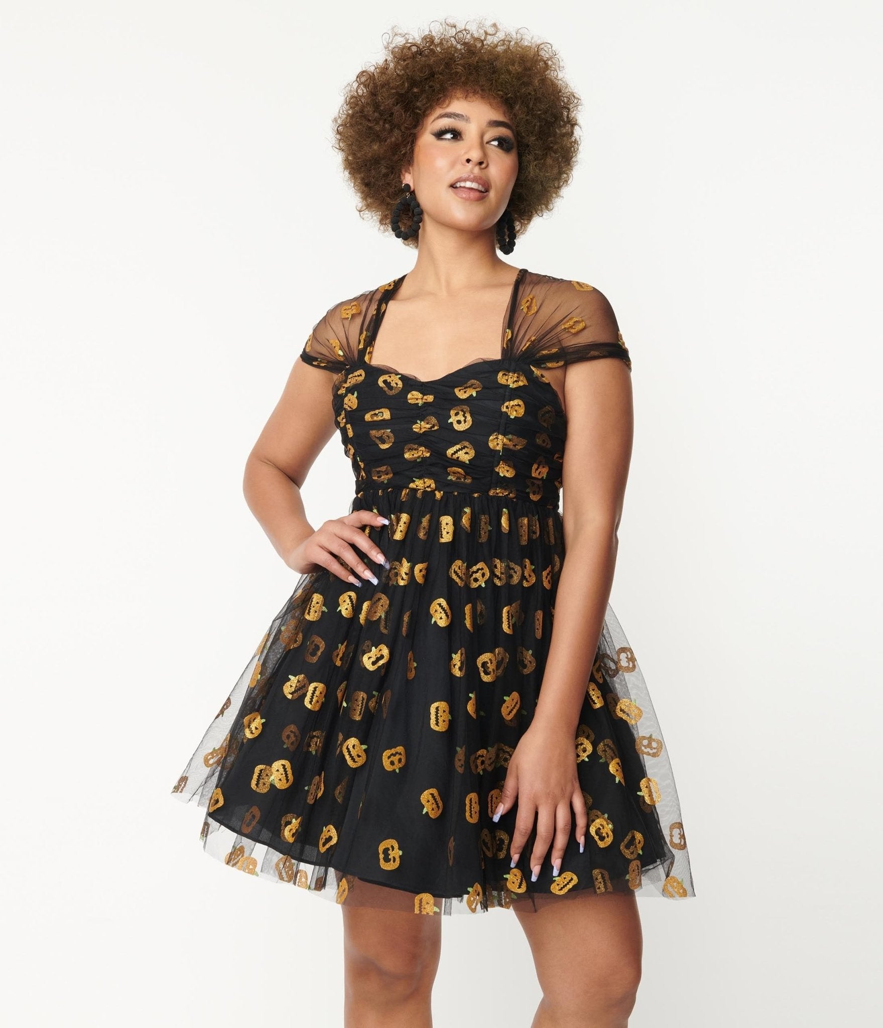 Vintage Black & Pumpkin Print Babydoll Dress - Retro Floral Swing Dress for Women, Halloween Party Outfit, Fall Festival Fashion, Date Night & Special Occasion Wear