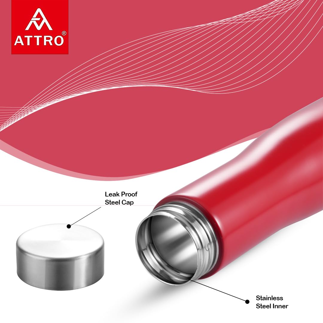 ATTRO Eiffel 1000ml Stainless Steel Water Bottle - BPA-Free, Leak Proof, Single Wall Design for School, Office, Gym & Outdoor Activities - Set of 2 Red Insulated Bottles for Hot & Cold Drinks