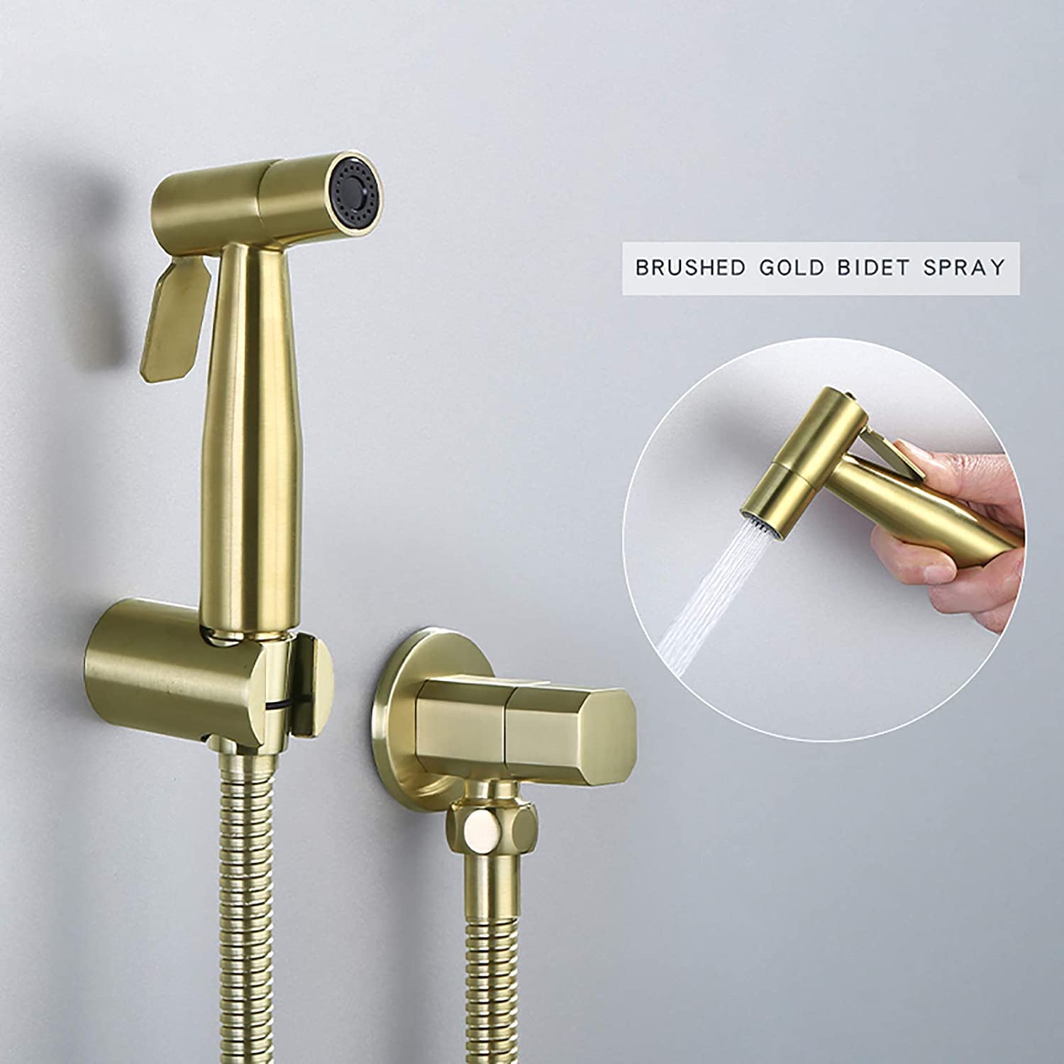 Premium Brass Cold Water Handheld Toilet Sprayer Kit - Brushed Gold Wall Mounted Diaper Sprayer with Stainless Steel Hose & Angle Valve - Perfect for Baby Cloth Diaper Cleaning & Bathroom Hygiene