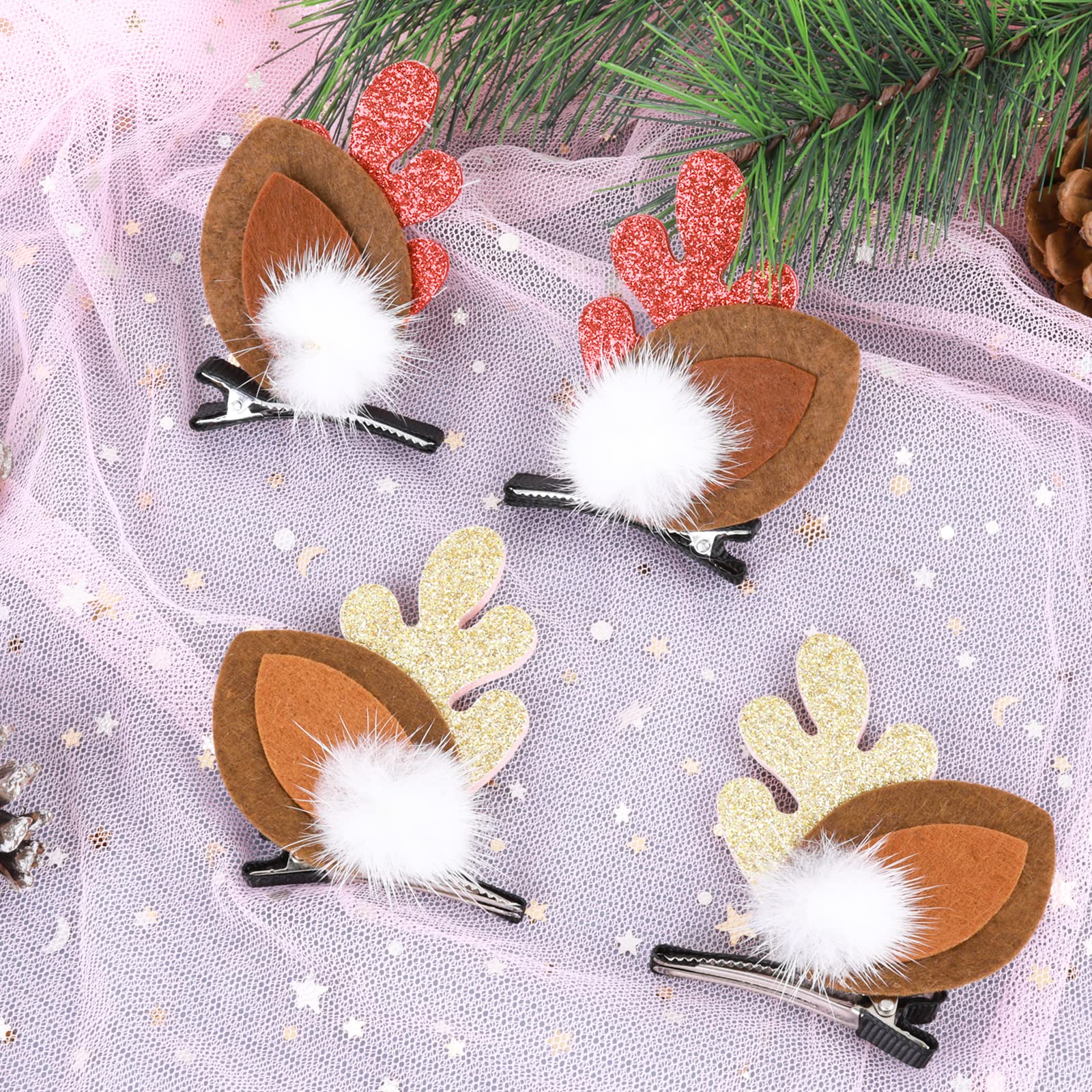 4PCS Christmas Hair Clips - Cute Reindeer Antler Hairpins for Women & Girls, Festive Xmas Hair Barrettes with Pom Balls, Deer Ear Hair Accessories for Holiday Parties, Cosplay & Gift Giving