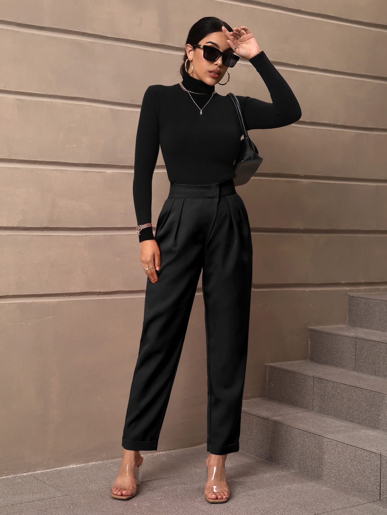MakeMeChic Women's High Waisted Tapered Dress Pants with Pockets - Black XS | Office Work, Business Casual & Formal Wear