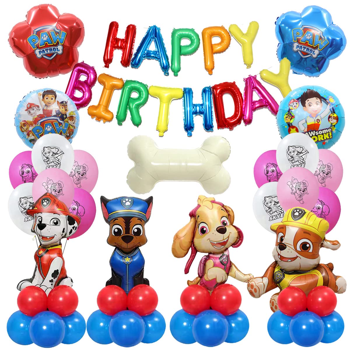 Bunok Paw Dog Theme Birthday Party Decorations - 4 Rolls Balloons & Happy Birthday Banner for Blue & Red - Perfect for Dog Lover Birthday Parties, Pet-Themed Events & Animal Celebration Decor