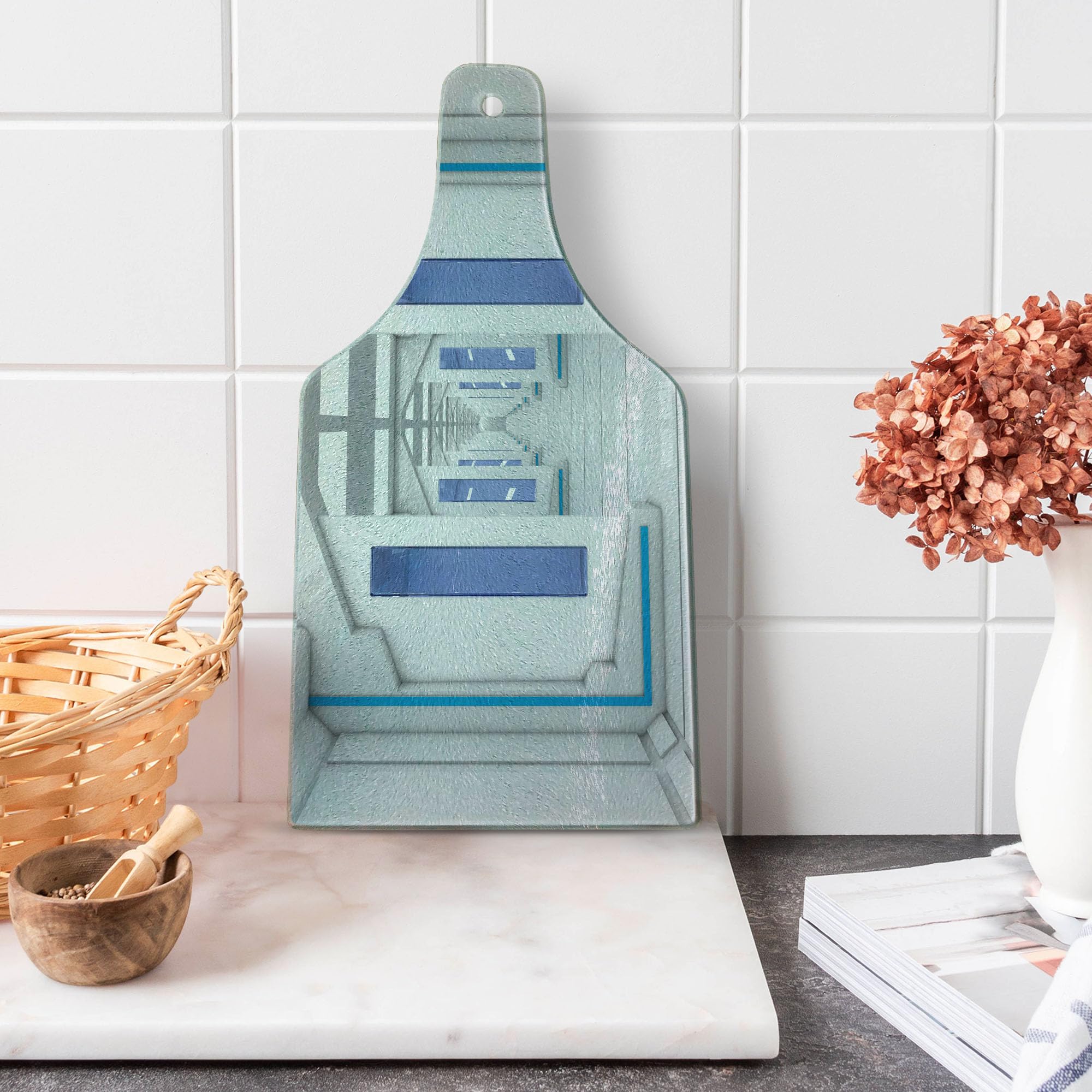 Ambesonne Outer Space Themed Tempered Glass Cutting Board - Robotic Space Mission & Solar System Design - Decorative Serving Board for Kitchen & Dining - Wine Bottle Shape in Blue & White - Perfect for Entertaining, Gifts & Space Enthusiasts