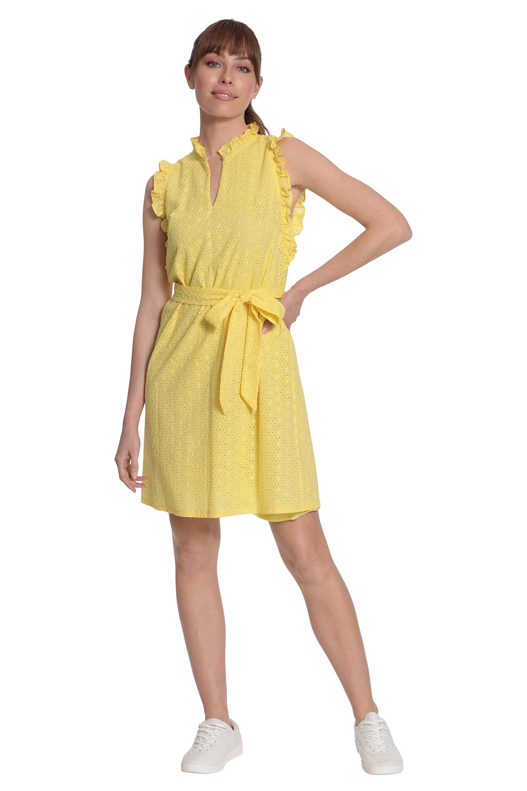 Maggy London Women's Ruffle Neck & Armhole Dress with Waist Tie - Elegant Flowy Midi Dress for Cocktail Parties, Weddings & Special Occasions