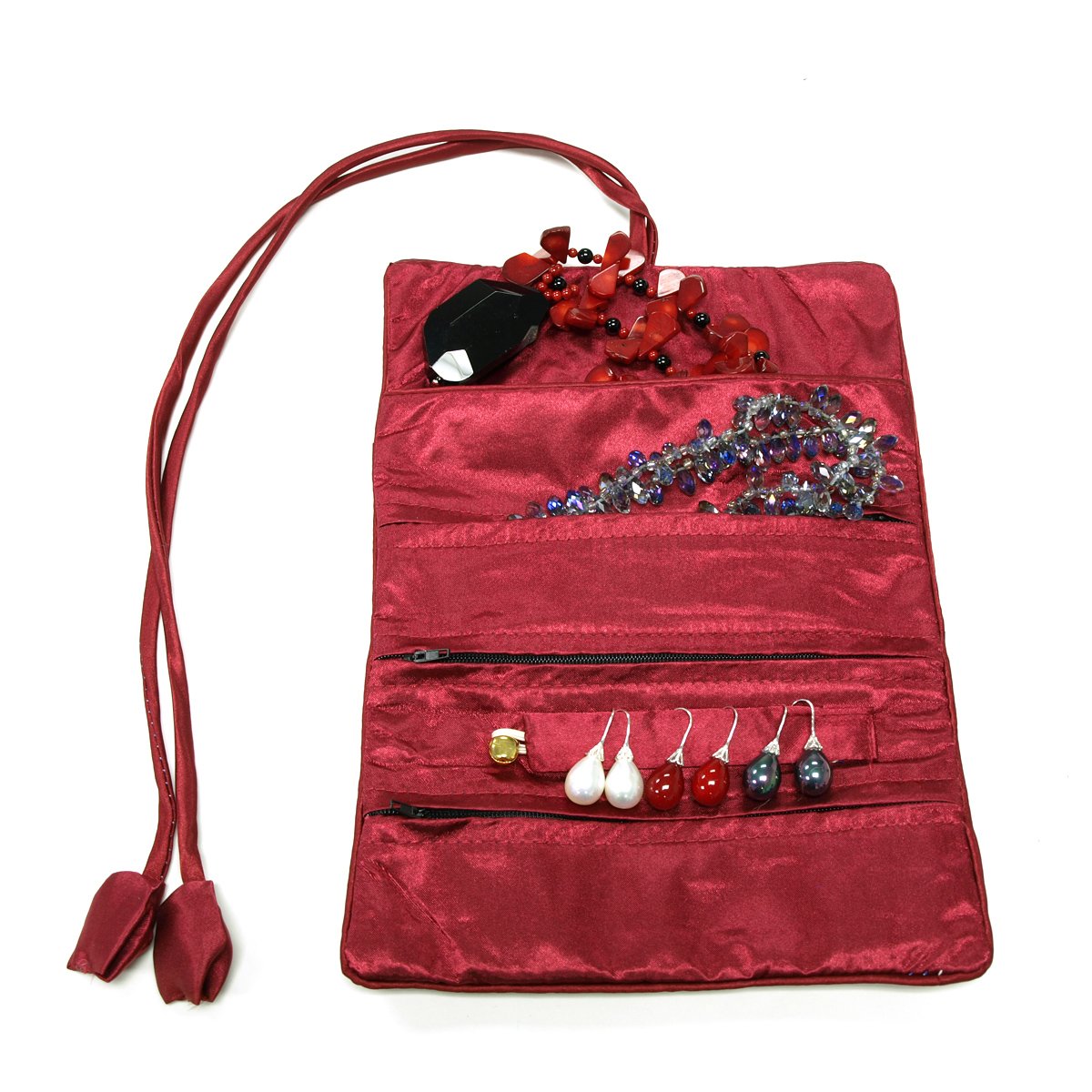 Wrapables Silk Embroidered Jewelry Rolls - Red | Travel Jewelry Organizer for Necklaces, Bracelets & Earrings | Perfect for Vacation, Business Trips & Gift Giving