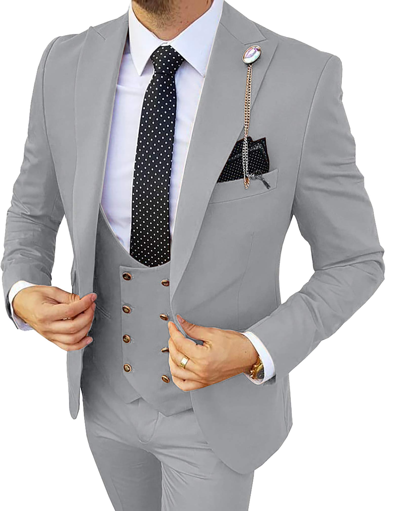 MoranX Men's 3-Piece Double Breasted Suit Set - Formal Business Tuxedo Blazer with Vest & Pants for Wedding, Groom, Prom & Office Wear - Classic Regular Fit Suits for Men