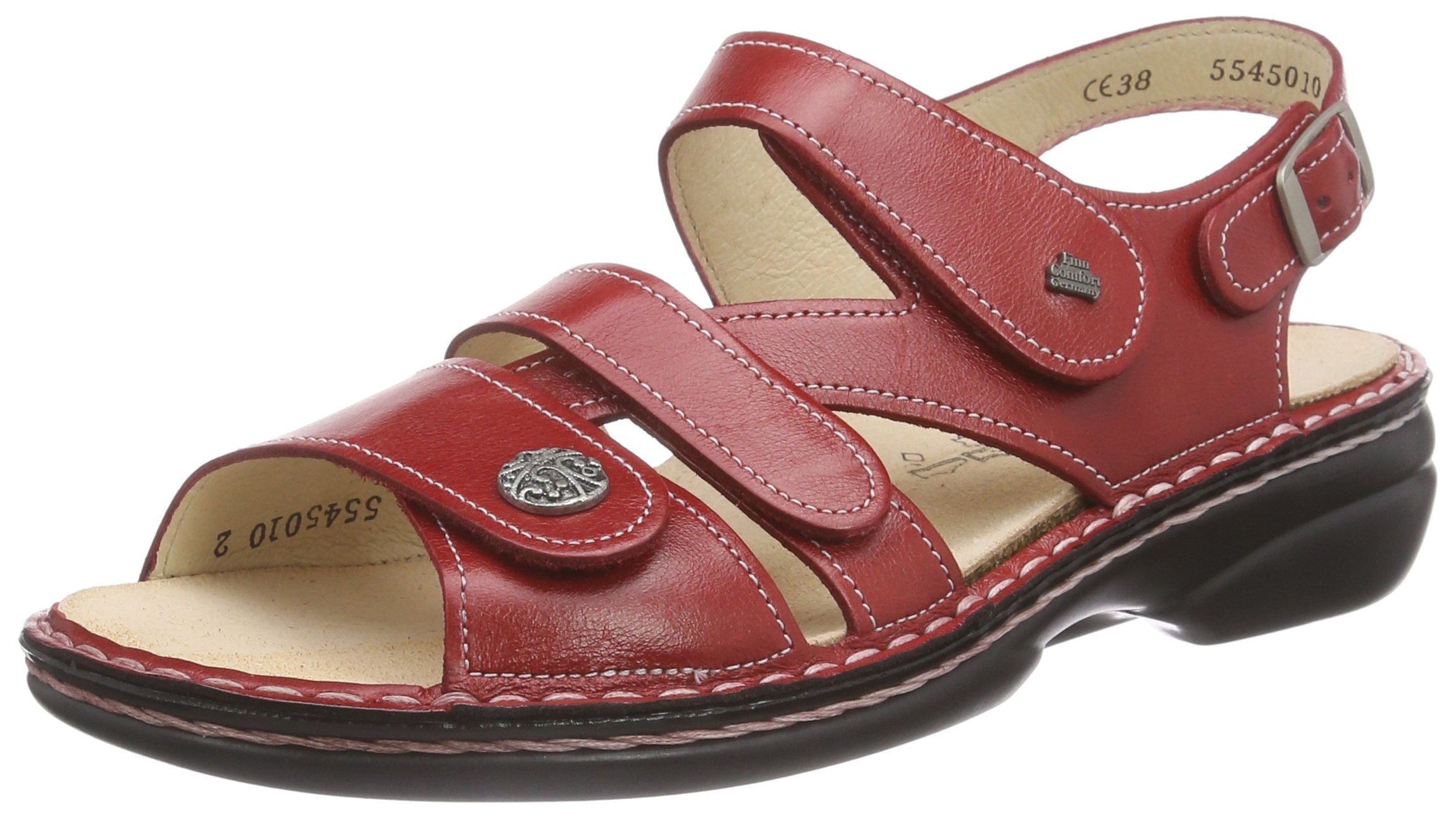 Finn Comfort Women's Strappy Sandals with Ankle Strap - Comfortable Red Leather Sandals for Women Size 5 | Perfect for Summer, Beach, Travel & Casual Outings