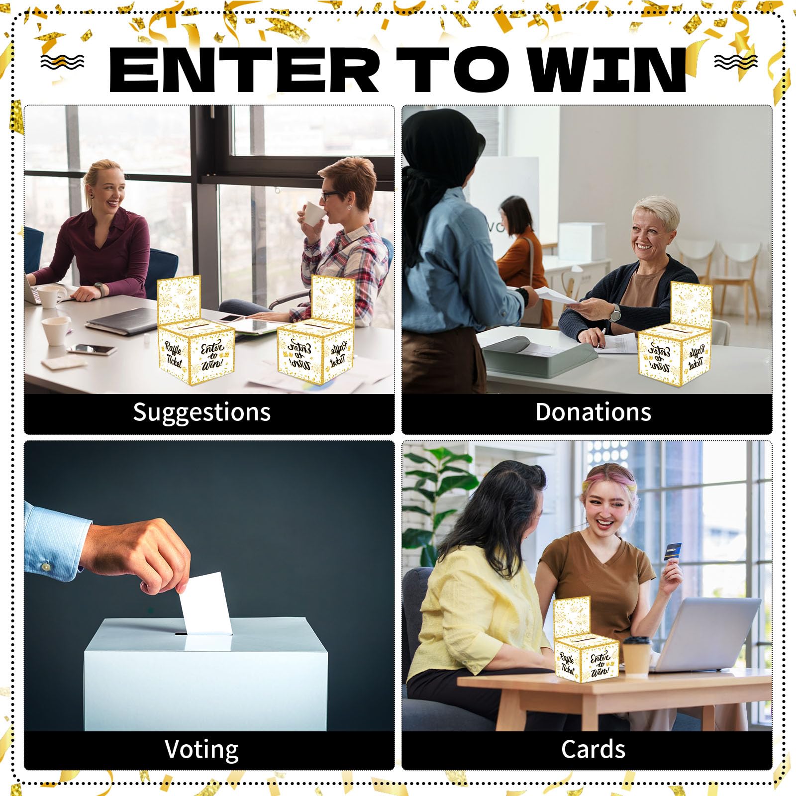 151 Pcs Gold Donation Box Ballot Box - Secure Suggestion Box with Raffle Tickets for Fundraising Events, Voting, Contests & Charity Collections | Includes Slot & Removable Header | Perfect for Schools, Churches, Community Events & Office Voting (Gold)