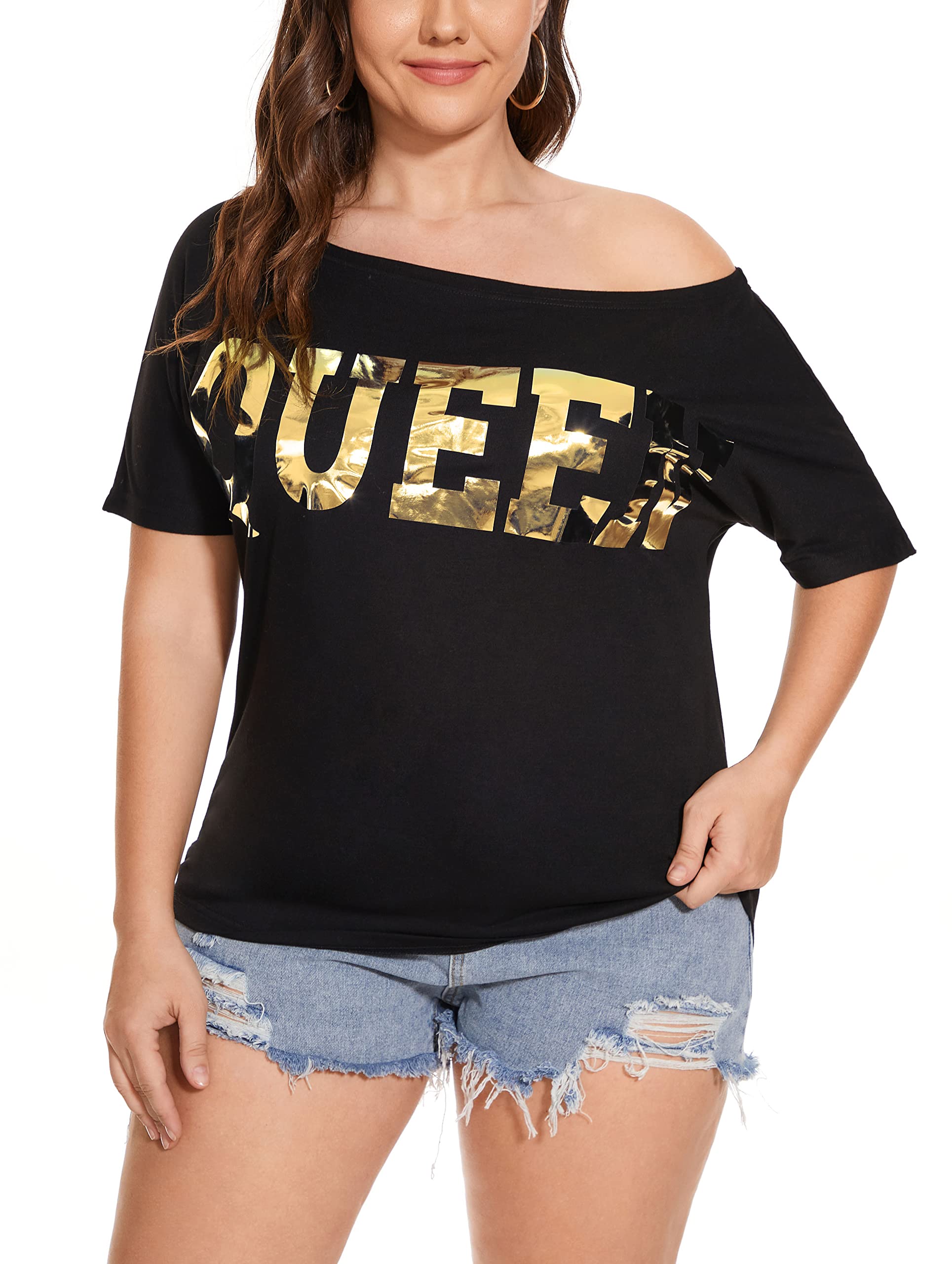 PESION Women's Off Shoulder Tops - Sexy Shiny Metallic Short Sleeve Blouses with Fashion Graphic Print | Perfect for Night Out, Party & Summer Vacation
