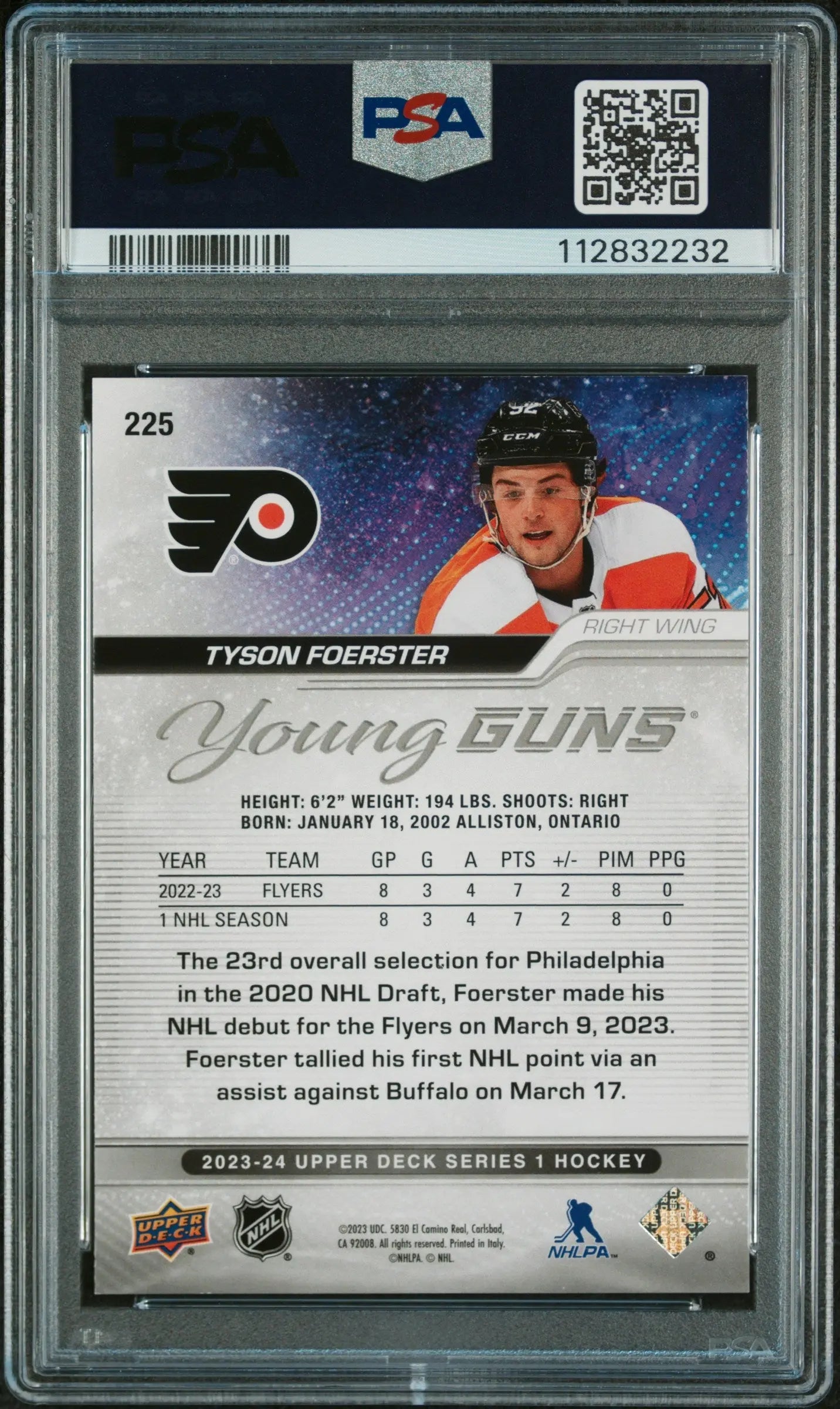 2023-24 Upper Deck Series 1 Tyson Foerster Young Guns RC Deluxe PSA 9 /250 - Rare Hockey Trading Card for Collectors & Sports Fans - Perfect for Display, Investment & Gifting