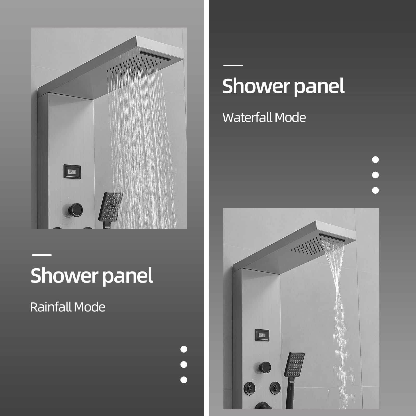 BWE 6-in-1 Stainless Steel Shower Panel Tower System with Body Jets, Rainfall & Waterfall Shower Head, Brushed Nickel Finish, Temperature Display & Tub Spout - Perfect for Luxury Bathroom Renovation & Spa-like Shower Experience