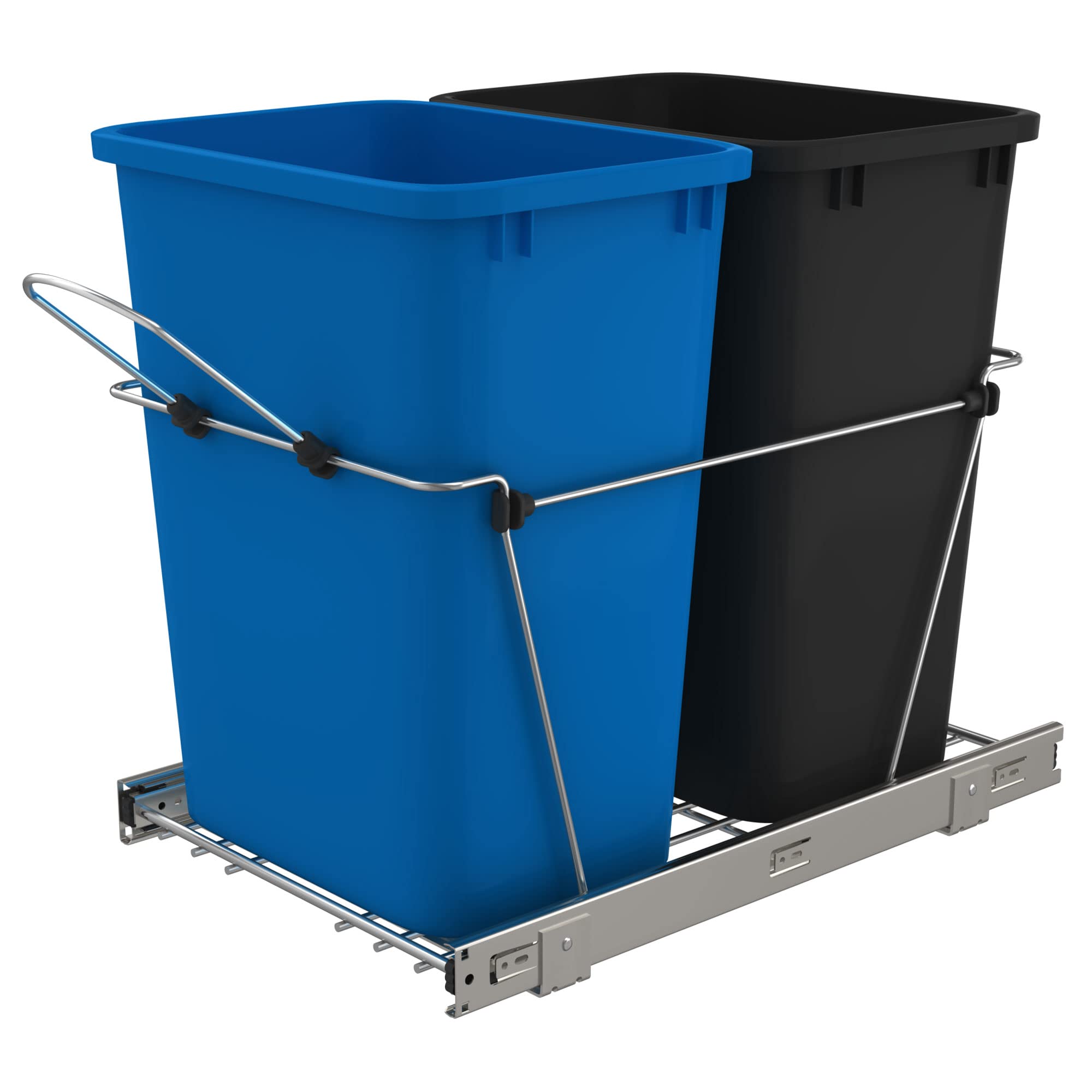 Rev-A-Shelf 35 Quart Double Pullout Trash Can for Kitchen Cabinets - Blue/Black Garbage Recycling Bin with Full Extension Slides (RV-18KD-2218C-S) - Perfect for Kitchen Organization & Waste Management