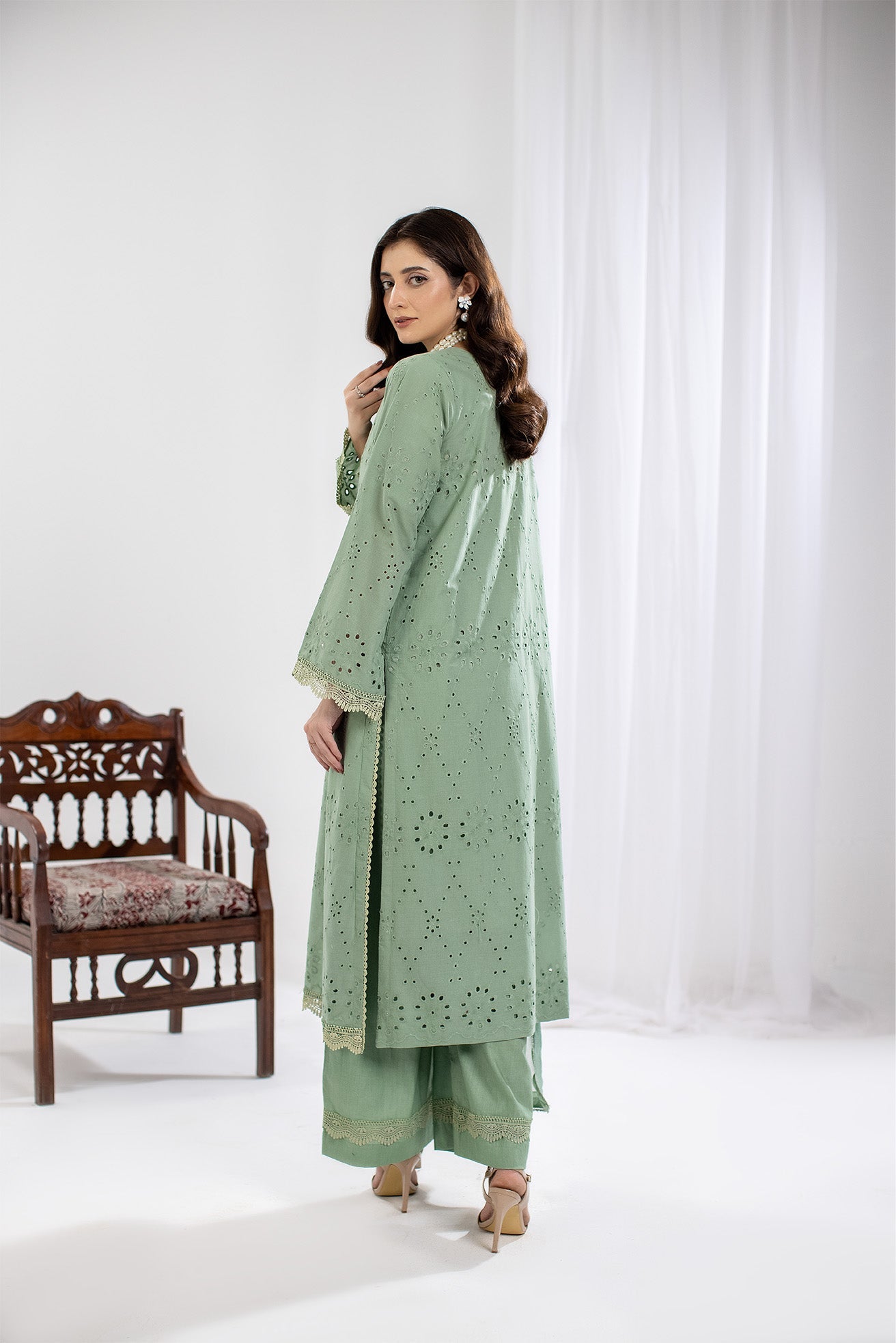 Elegant Chikenkari Pista Embroidered Stitched Suit by Raqsam - Perfect for Weddings, Parties & Festive Occasions