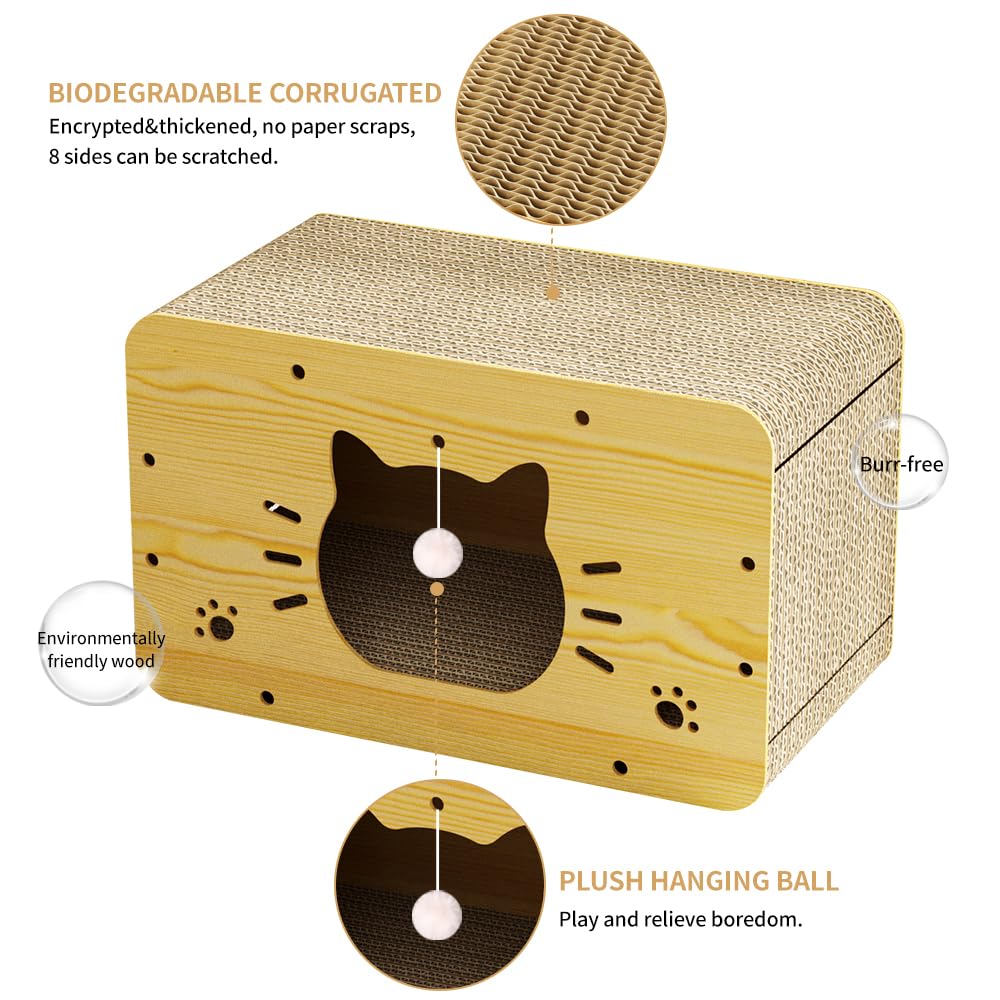Premium Cat Scratcher House with Scratching Board & Hanging Ball Toy - Large Cardboard Cat Bed Cave for Resting & Play - Perfect for Indoor Cats, Multi-Level Scratching & Cozy Napping Spaces - Ideal for Living Rooms, Bedrooms & Cat Play Areas