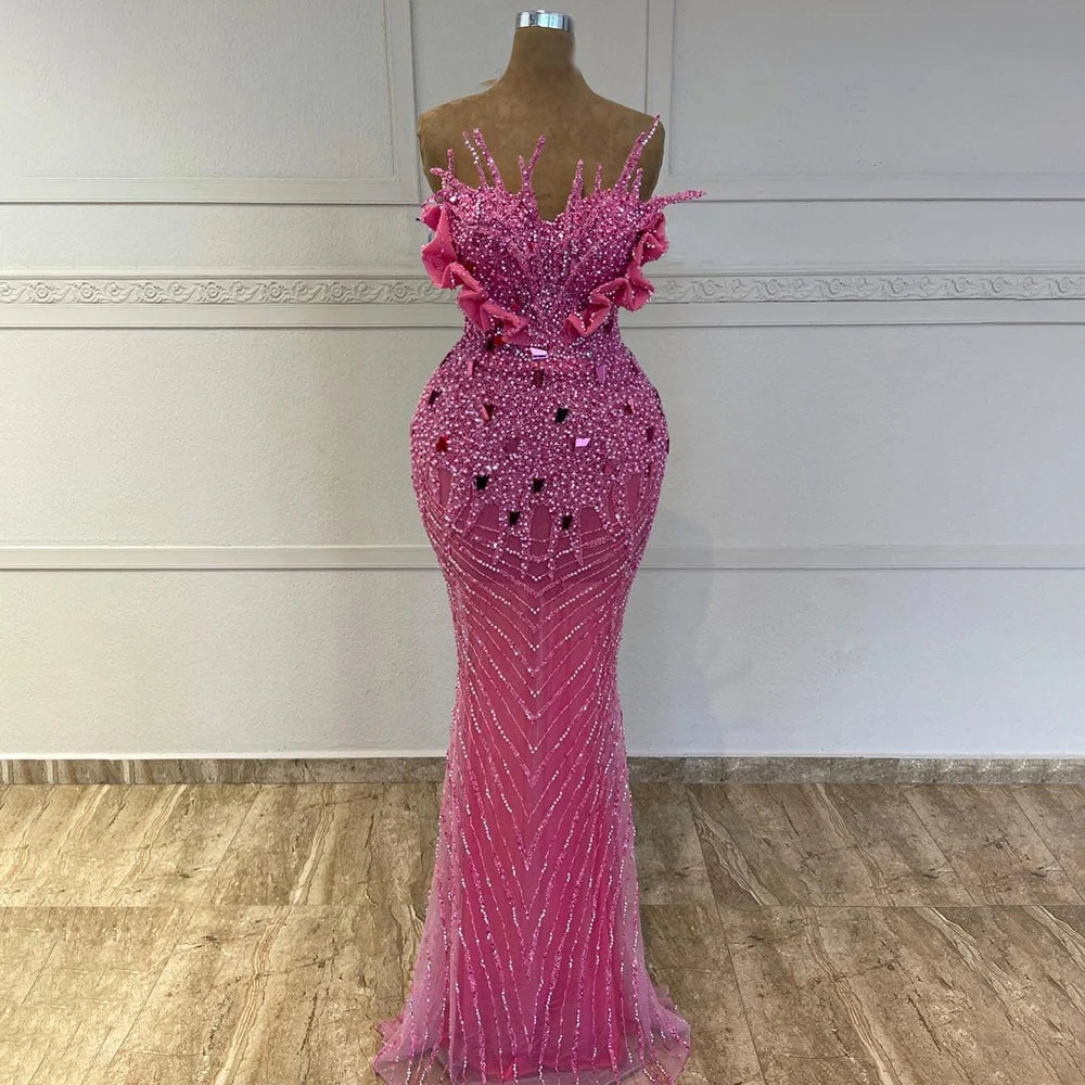 Elegant Fuchsia Mermaid Evening Dress with Pearl Beading - Luxury Formal Gown for Women | Dubai Party Wear, Wedding Guest Dress, Red Carpet Event 2025 - LA72263
