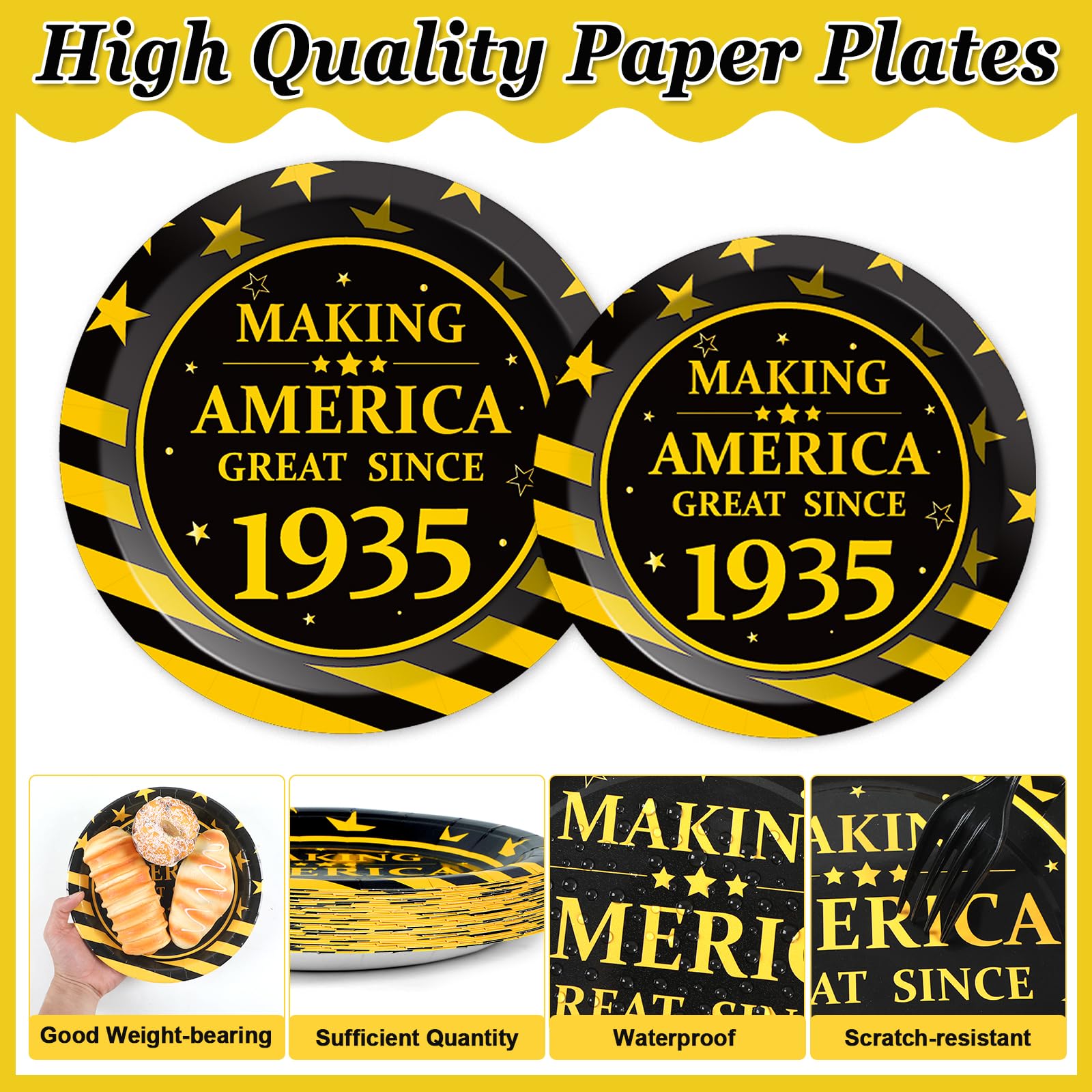 90th Birthday Party Supplies Set - 96 Pcs Black & Gold Paper Plates, Napkins, Forks - Elegant Dinnerware for 24 Guests - Perfect for 1935 Themed Celebrations (Men & Women) - Great for Milestone Anniversaries & Retirement Parties