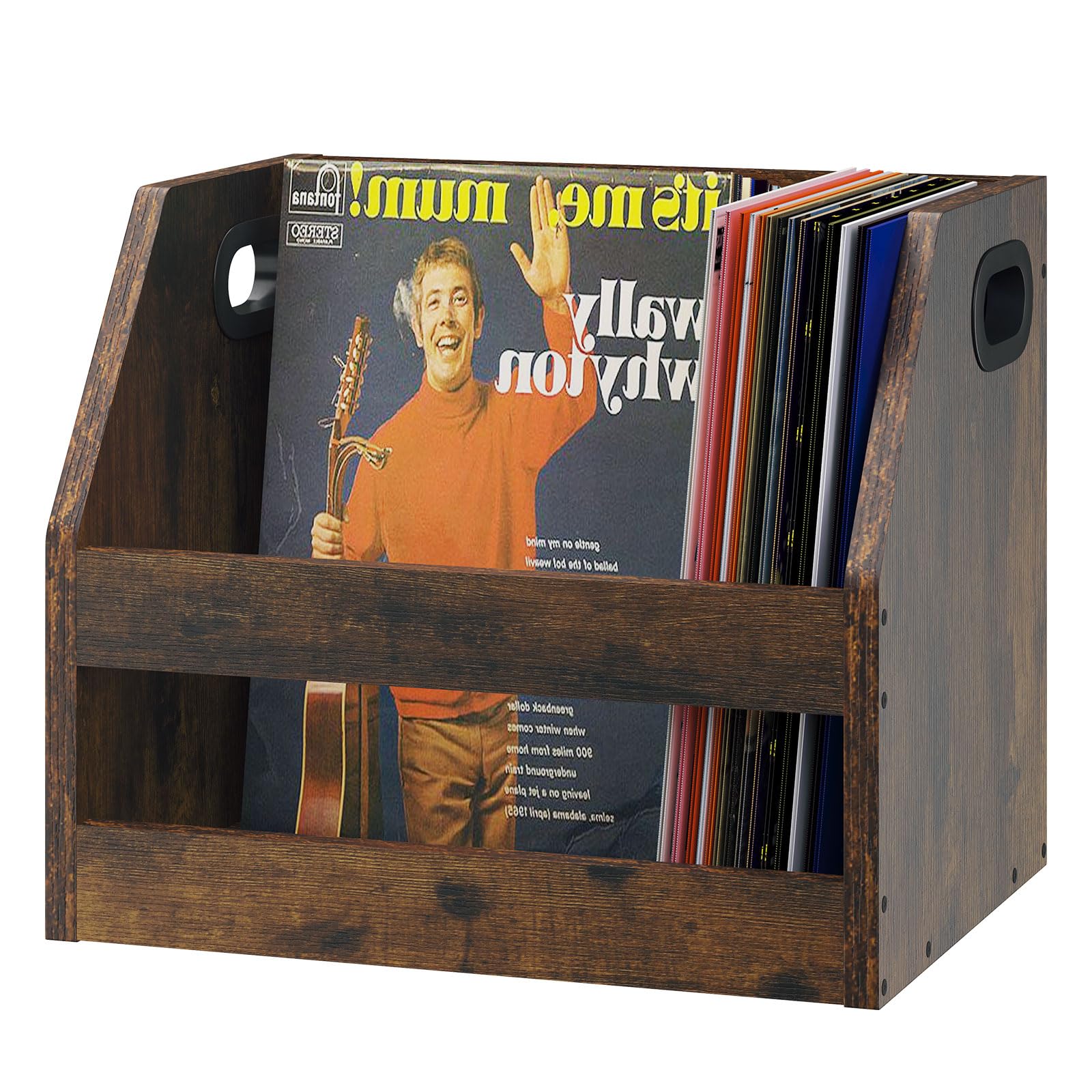YMYNY Wooden Vinyl Record Storage Box with Handle - Rustic Brown LP Album Organizer for Books, Folders & Photo Albums - 14.96 x 11.42 x 11.42 Inches - Perfect for Living Room, Office & Music Studio Decor