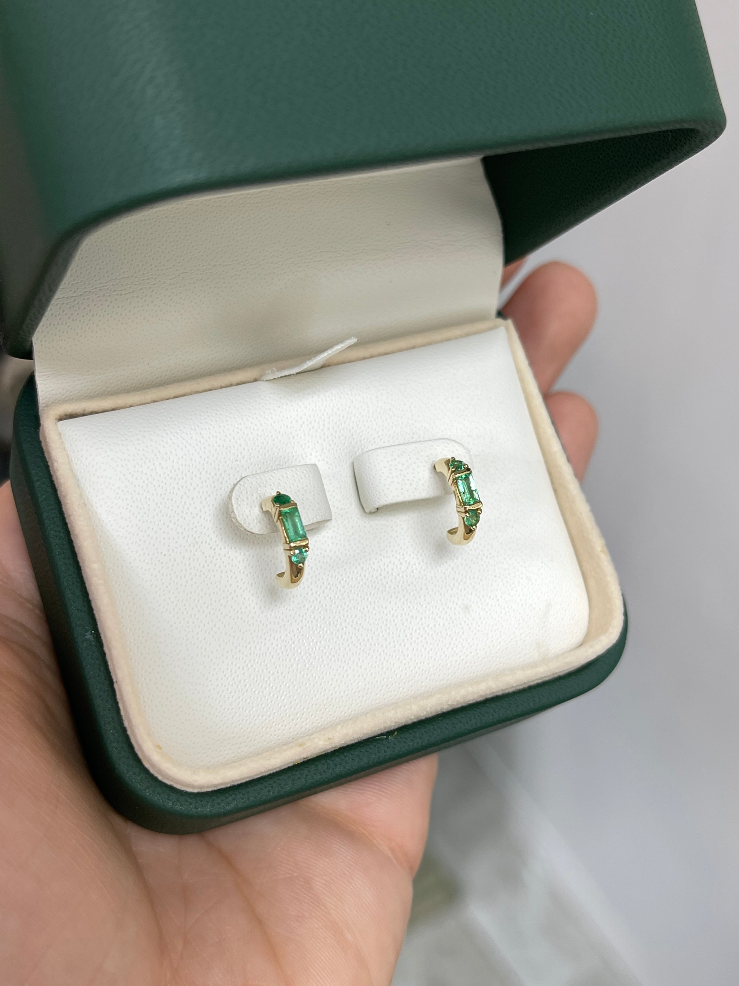 0.50tcw Natural Emerald Half Hoop Earrings in 14K Gold - Elegant Petite Hoop Earrings for Women, Perfect for Everyday Wear, Office & Special Occasions