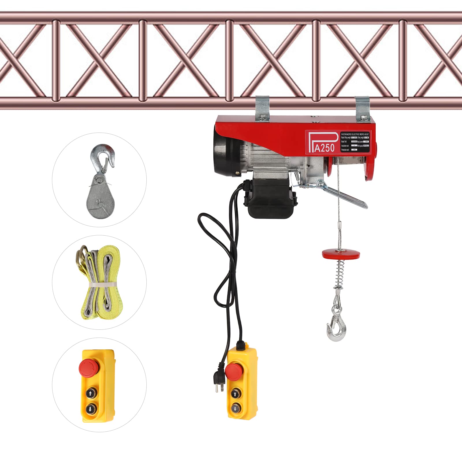 110V 510W Electric Hoist Crane with Wired Remote Control - 250KG/551LBS Capacity Overhead Lift for Garage, Workshop & Construction - Single/Double Slings Strap Beam Mounting Winch System