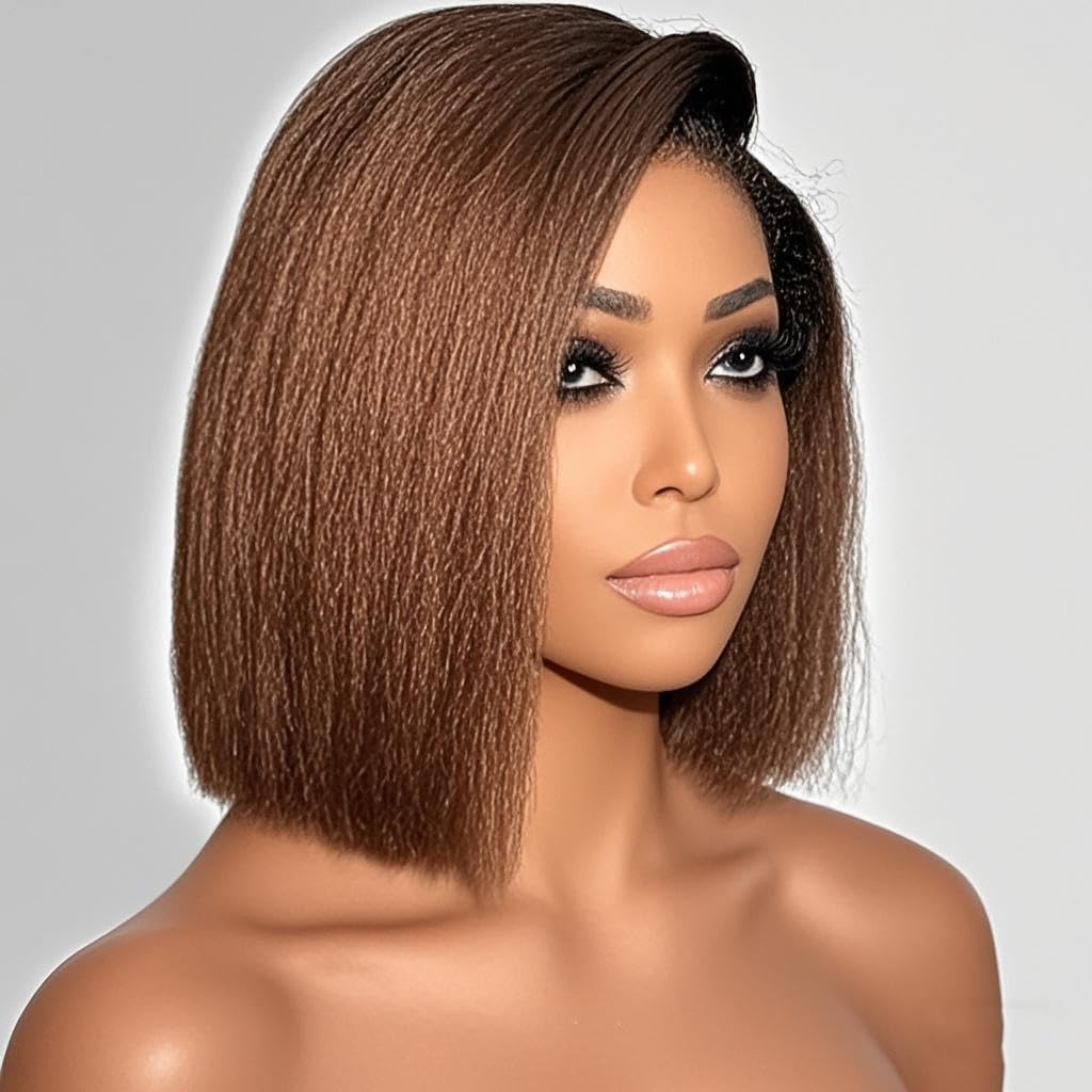 13x6 Yaki Straight Lace Front Wig - Ombre Brown Kinky Straight Short Bob Human Hair Wig for Women | Brazilian Virgin Yaki Human Hair | Blunt Cut Bob with Pre-Plucked Baby Hair (12 Inch) | Perfect for Daily Wear, Cosplay & Special Occasions