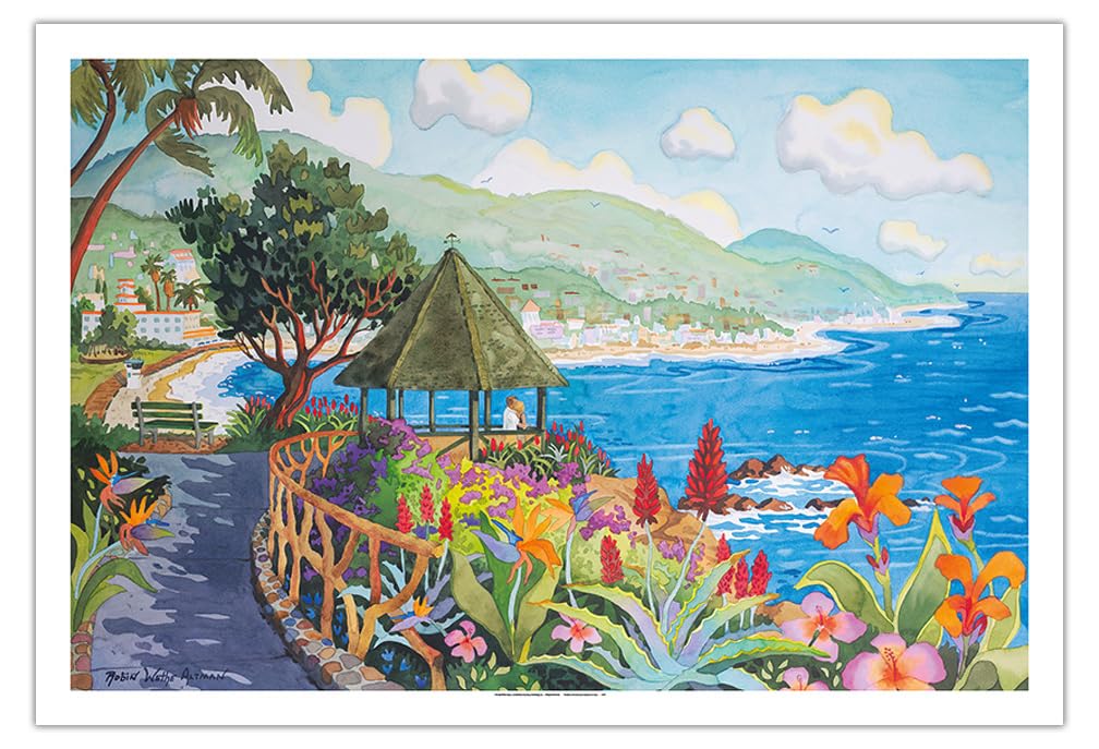 Laguna Beach Gazebo and Flowers - Heisler Park California Coastal Art Print | Ocean View Watercolor Painting by Robin Wethe Altman | 30x44in Fine Art Matte Paper (Unframed) | Perfect for Beach House Decor, Coastal Living Room, or Office Wall Art