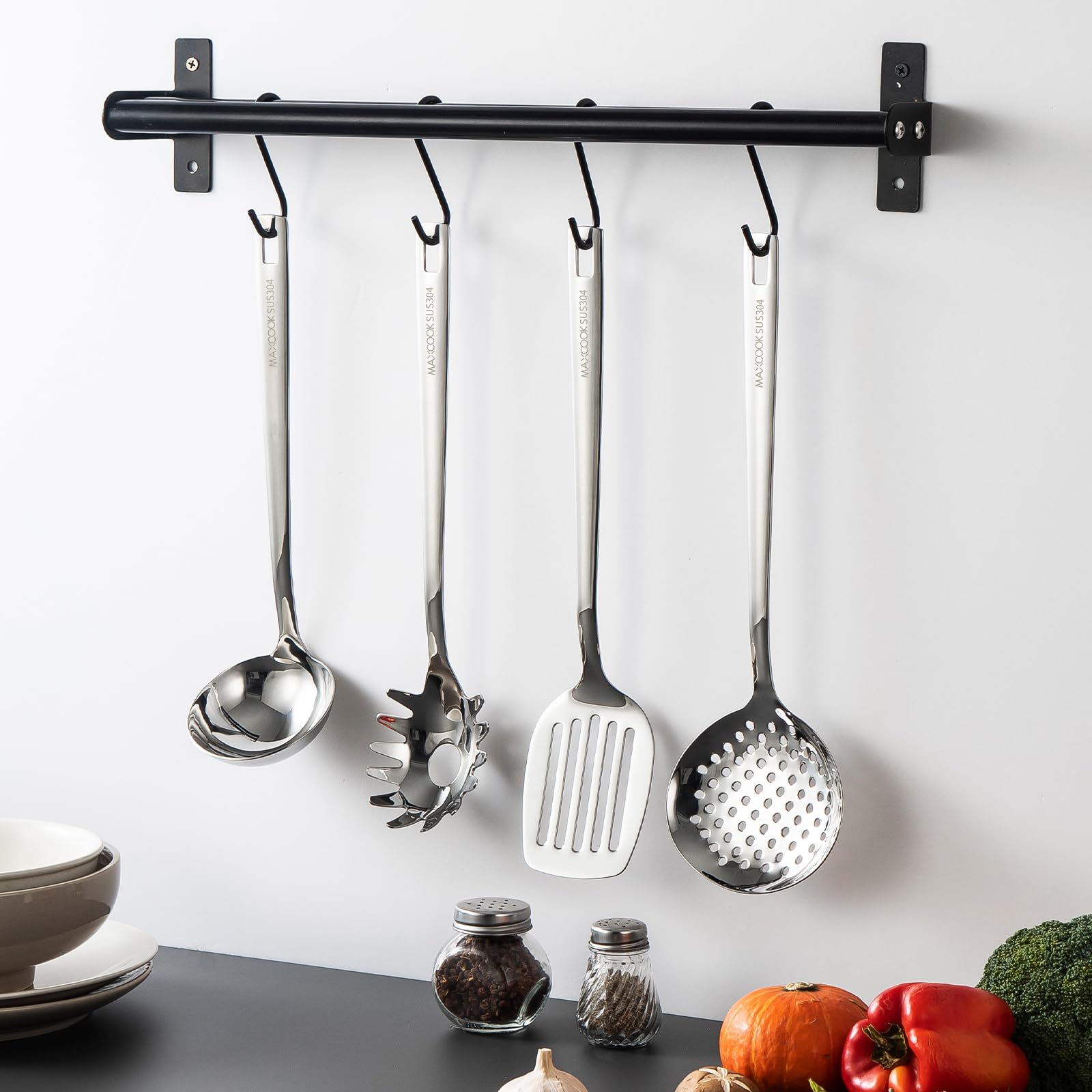 Premium Stainless Steel Cooking Utensils Set - 6-Piece Kitchen Tool Collection with Soup Ladle, Spaghetti Server, Slotted Turner & Skimmer - Mirror Polished & Dishwasher Safe - Ideal for Wok Cooking, Stir-Frying & Serving Pasta
