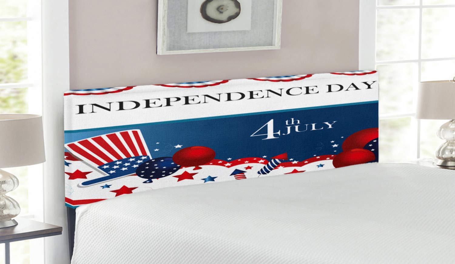 Ambesonne Patriotic 4th of July Queen Size Headboard - Cartoon Fireworks, Uncle Sam Hat & Stars Design Upholstered Metal Bed Frame with Memory Foam | Perfect for Independence Day Decor, Bedroom Makeover & American-Themed Home Decor