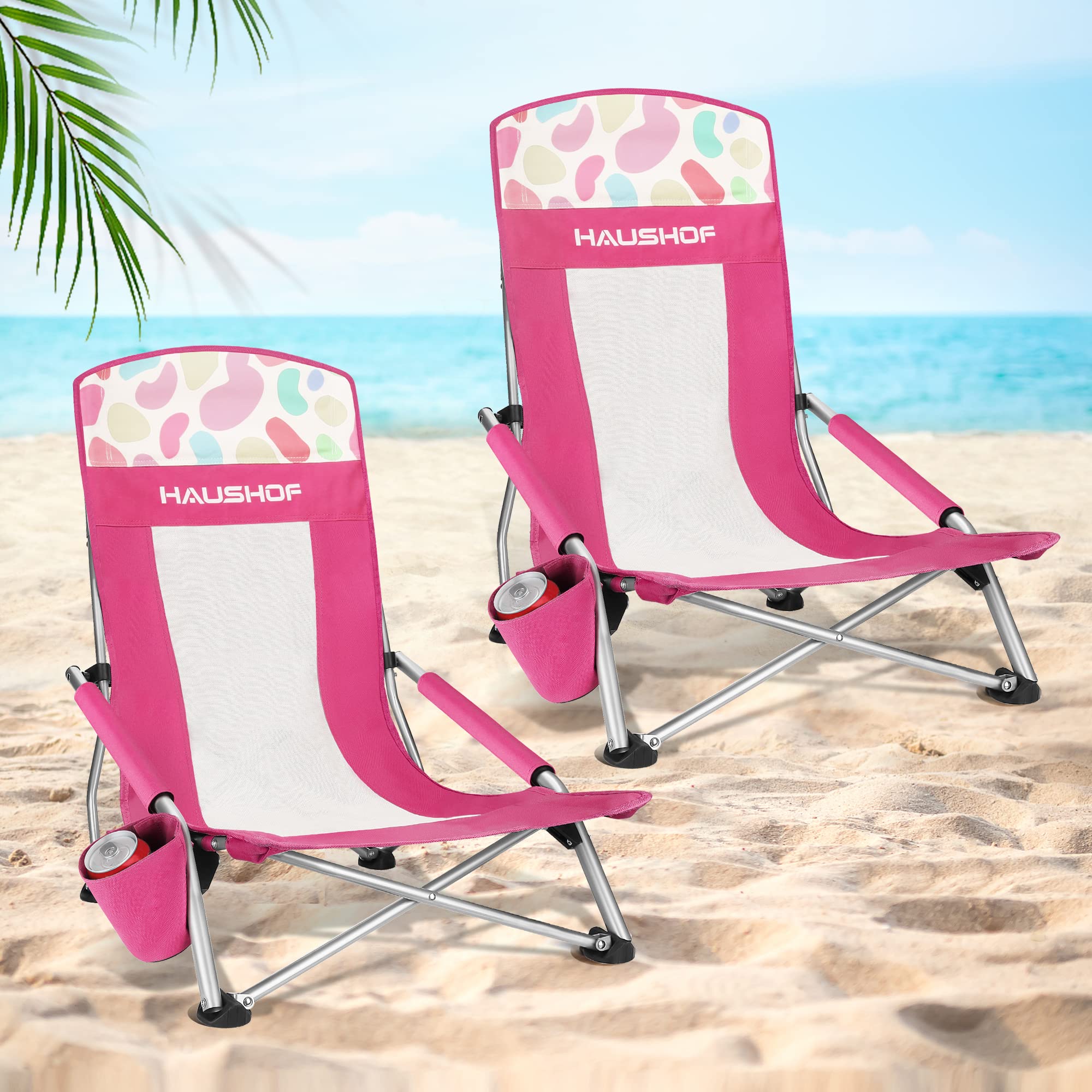HAUSHOF 2-Pack High Back Beach Chairs - Lightweight Folding Camping Chairs with Mesh Back, Cup Holder & Carry Bag - Padded Armrest for Outdoor, Beach, Lawn, Camping, Picnic & Festival Use