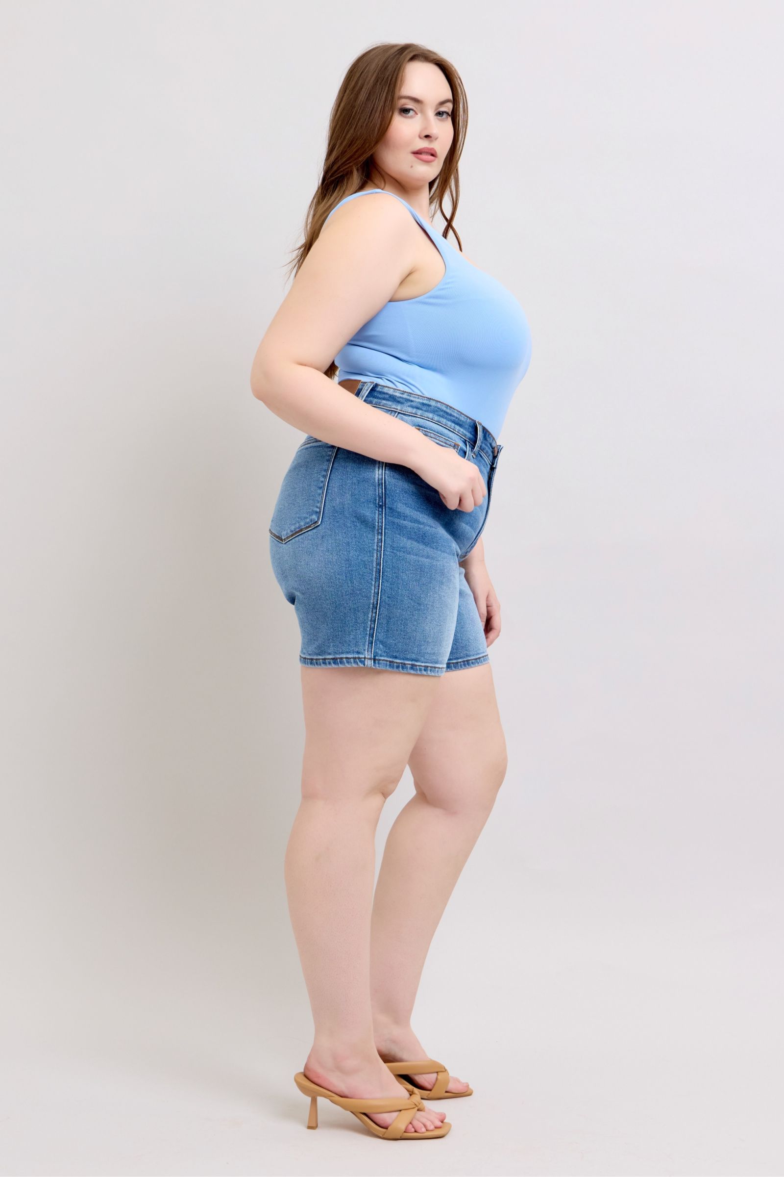 Judy Blue Women's High Waisted 2 Button Denim Shorts with Pockets - Comfortable Stretch Jeans for Summer, Casual Wear & Outfits