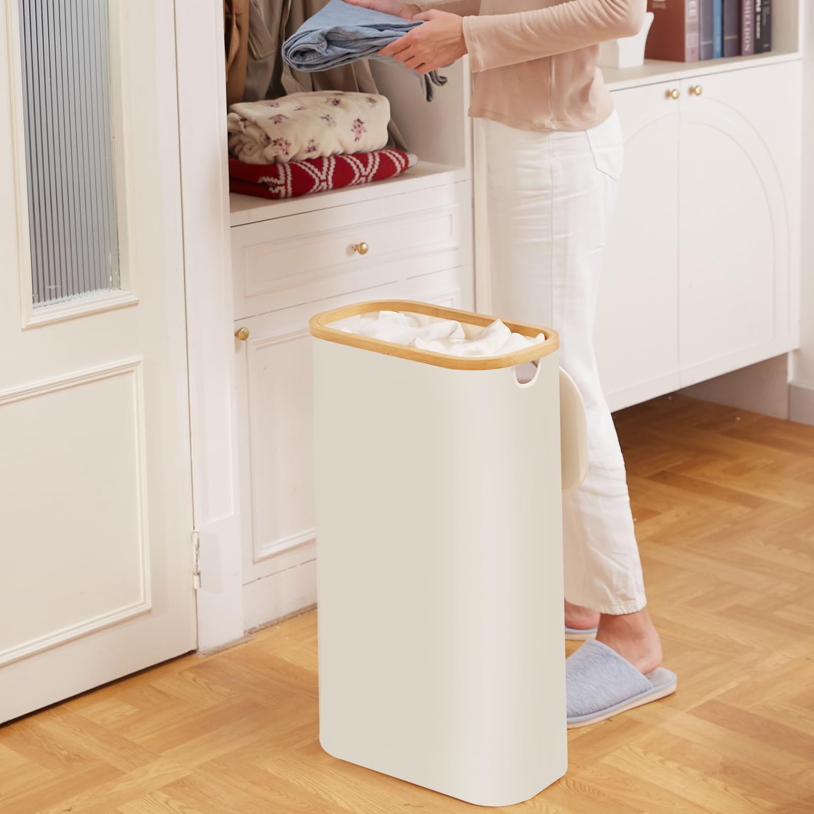 65L Slim Laundry Hamper with Lid & Removable Bag - Collapsible Dirty Clothes Basket with Bamboo Handles - Space Saving Narrow Hamper for Small Spaces - Perfect for Bedroom, Bathroom, Laundry Room & Dorm Organization