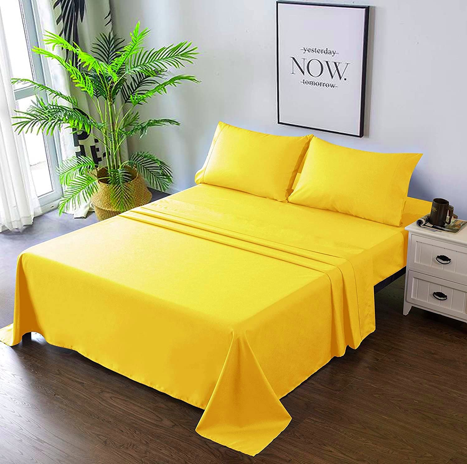 Premium 800 Thread Count Eco-Friendly Cotton 4-Piece Bed Sheet Set - Super Soft, Double Brushed & Breathable (Full Size, Lime Yellow) for Luxurious Comfort - Includes Flat Sheet, Fitted Sheet (20
