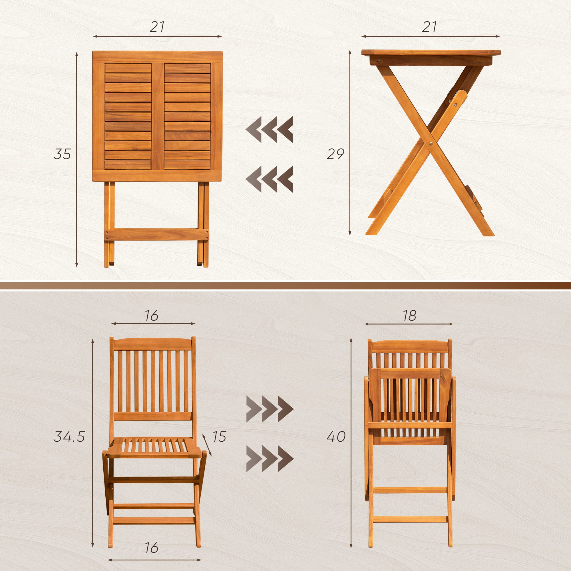 Flamaker 3-Piece Acacia Wood Folding Bistro Set - Outdoor Square Table and Chairs for Patio, Balcony, Porch, Lawn & Backyard - Natural Wood Garden Furniture for Dining, Relaxing & Entertaining Guests