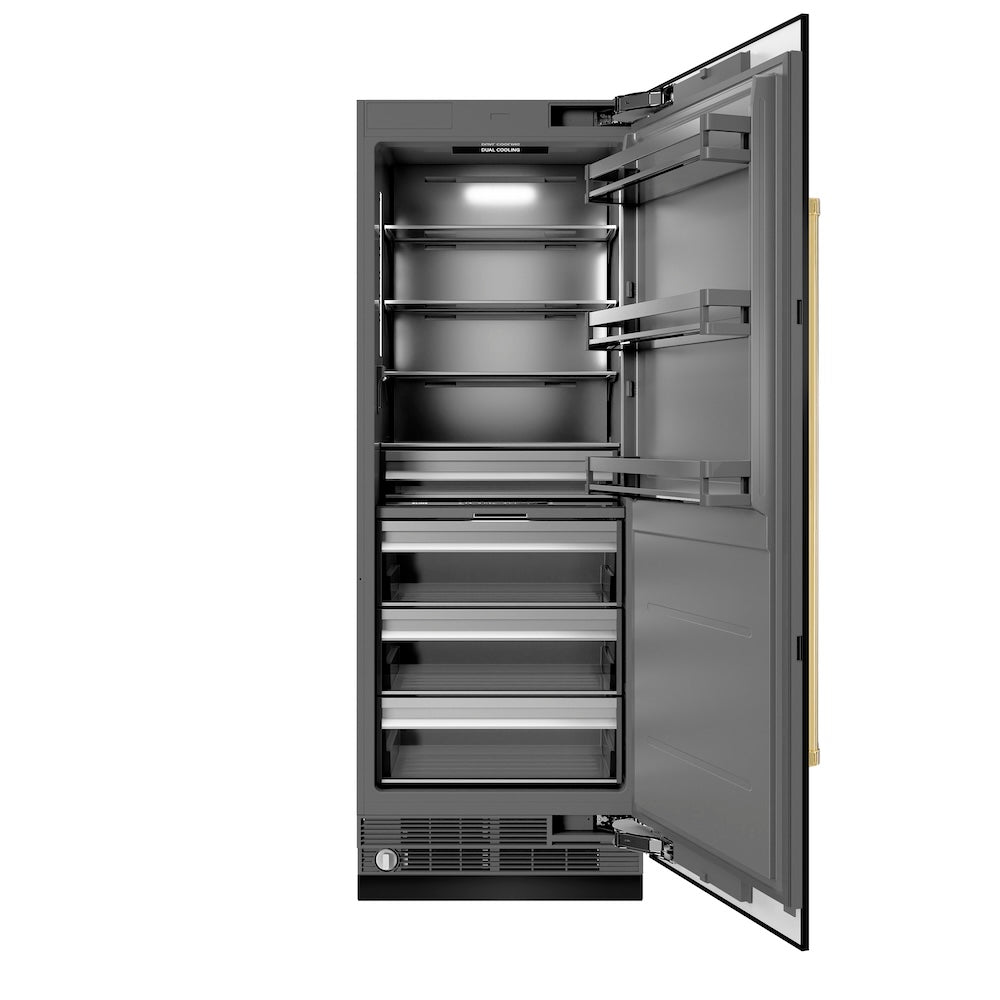 ZLINE Autograph Edition 30-Inch 16.7 cu ft Black Stainless Steel Column Refrigerator with Graphite Gray Interior & Polished Gold Accents (RCRVZ BS 30 G) - Perfect for Modern Kitchens, Open-Concept Homes & Luxury Appliance Collections