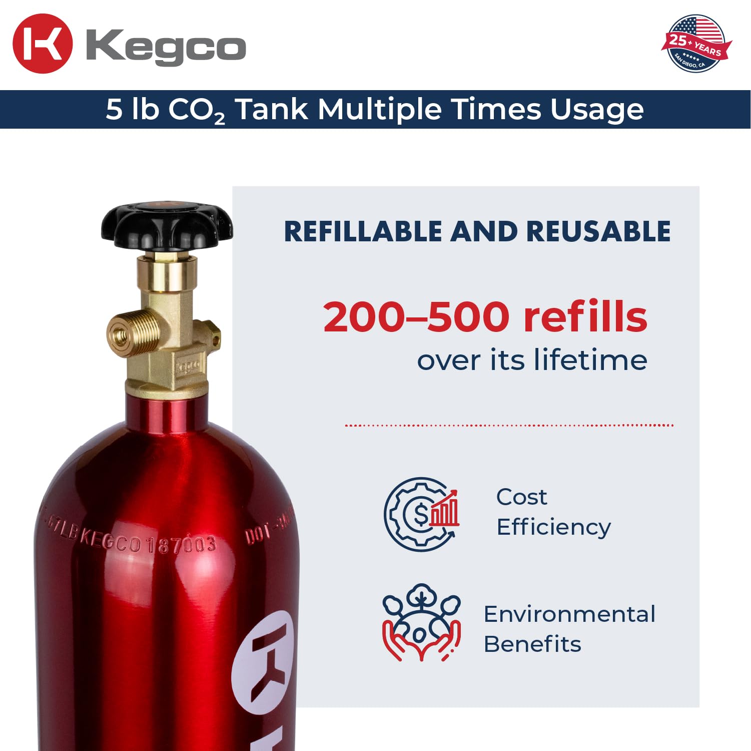 Kegco 3PB5-RED 5 lb Aluminum CO2 Tank with Electric Red Epoxy Finish - Home Brewing, Soda Dispensing & Draft Beer System Accessory
