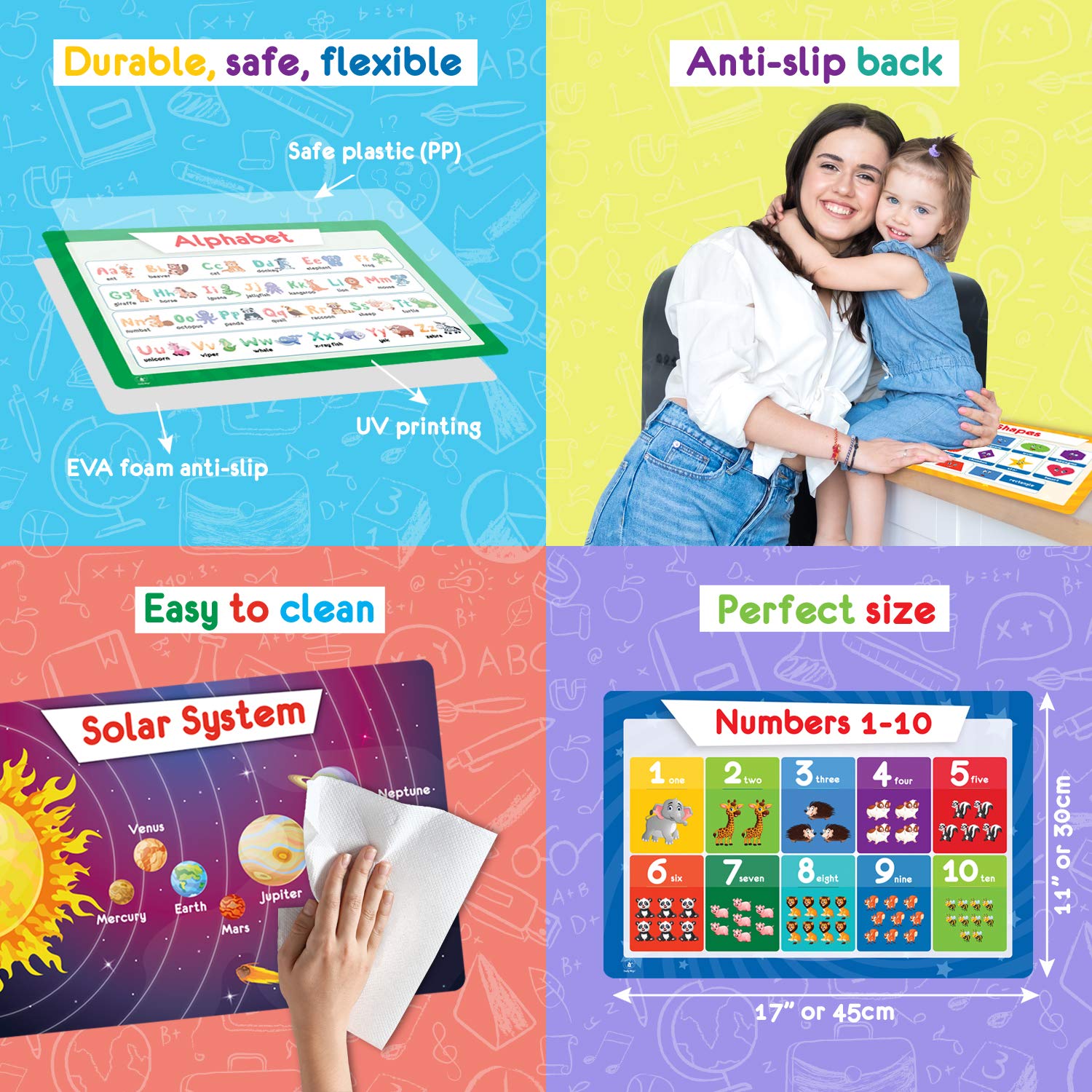 10 Pack Kids Placemats - 2 Sets of 5 Non-Slip Simply Magic Placemats for Toddlers & Children | Perfect for Dining, Crafts & Learning at Home or School