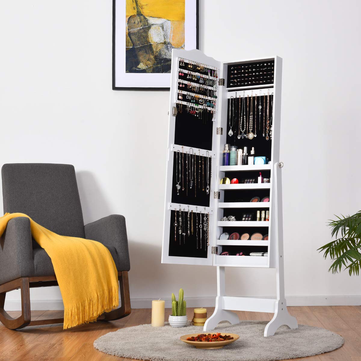 Giantex Lockable Jewelry Armoire Cabinet with Full Length Mirror - 3 Adjustable Angles, Jewelry Organizer Storage Box for Necklaces, Rings & Accessories - Perfect for Bedroom, Dressing Room & Gift (White)