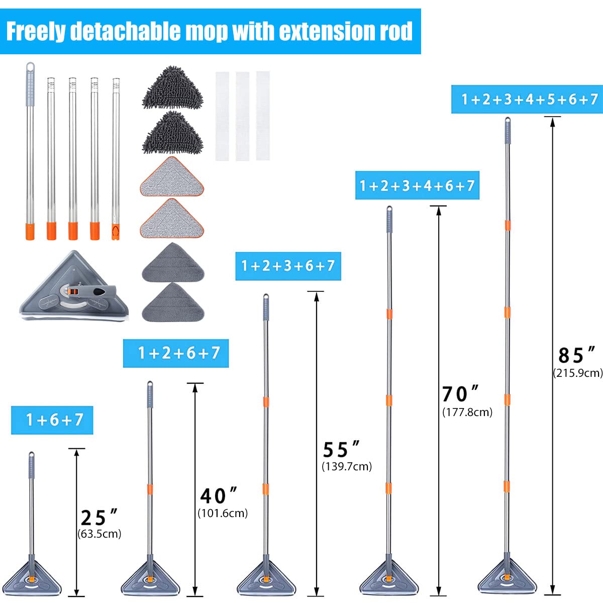 82 Inch Extendable Wall Mop with 360° Rotating Head - Long Handle Ceiling & Window Cleaner Kit - Adjustable 39.8-82 Inch Pole for Walls, Baseboards & Hard-to-Reach Areas - Perfect for High Ceilings, Windows & Home Deep Cleaning