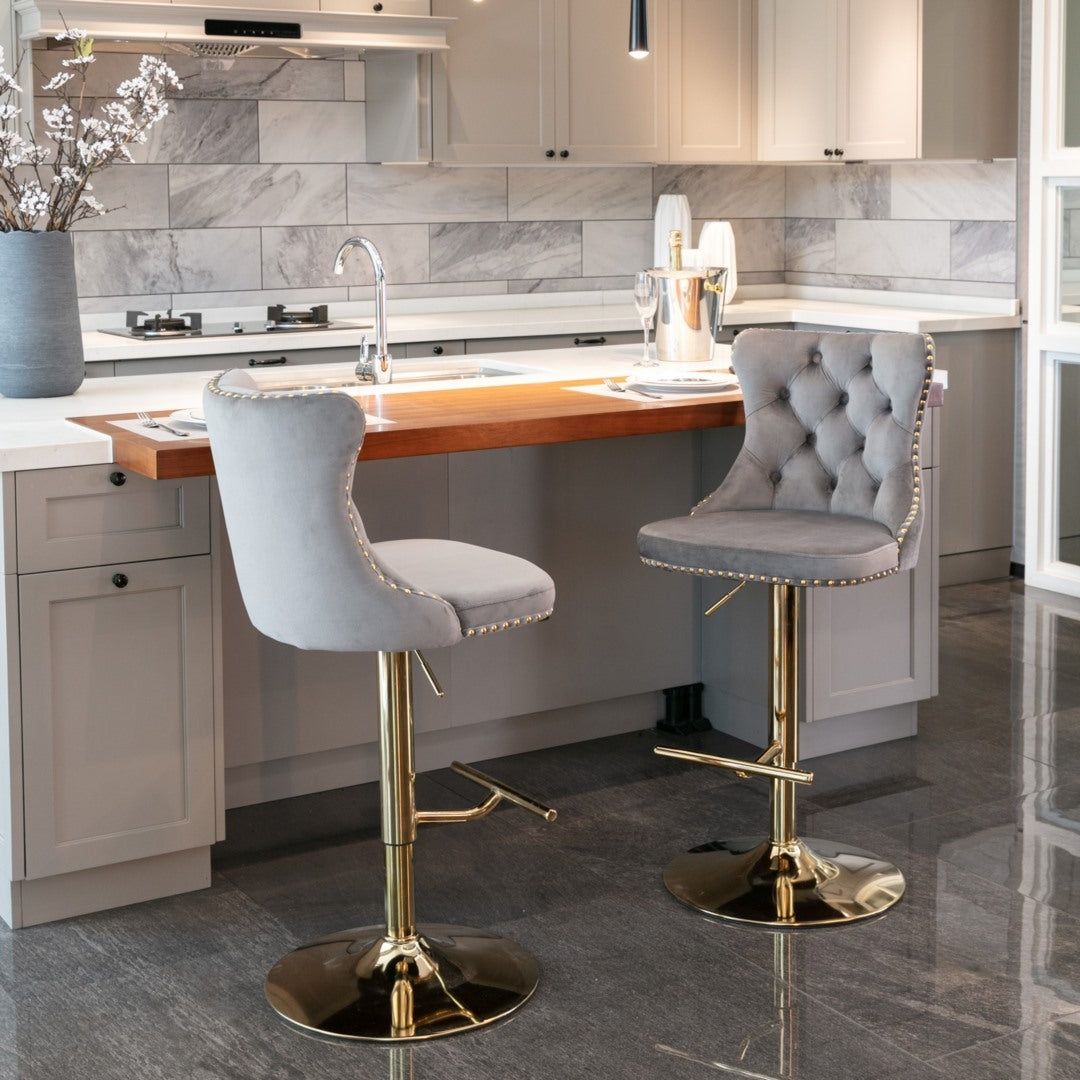 Adjustable Height Swivel Bar Stool with Footrest - Velvet Upholstery, Studded Design & Golden Base (Grey) - Perfect for Kitchen Islands, Home Bars & Dining Counter Stools