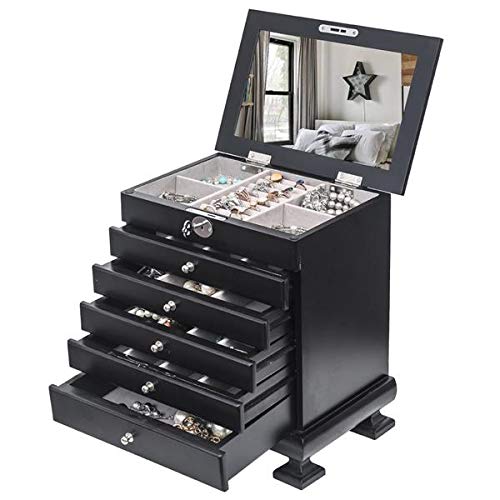 Handcrafted Wooden Jewelry Box Organizer - 6 Layers with 5 Drawers for Necklaces, Rings & Accessories - Perfect for Bedroom Vanity, Travel & Gift Giving - Black