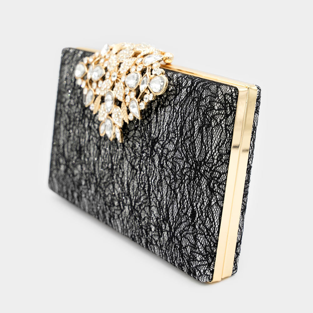 Elegant Black Floral Stone Embellished Glitter Evening Clutch Crossbody Bag for Women - Perfect for Parties, Weddings & Special Occasions